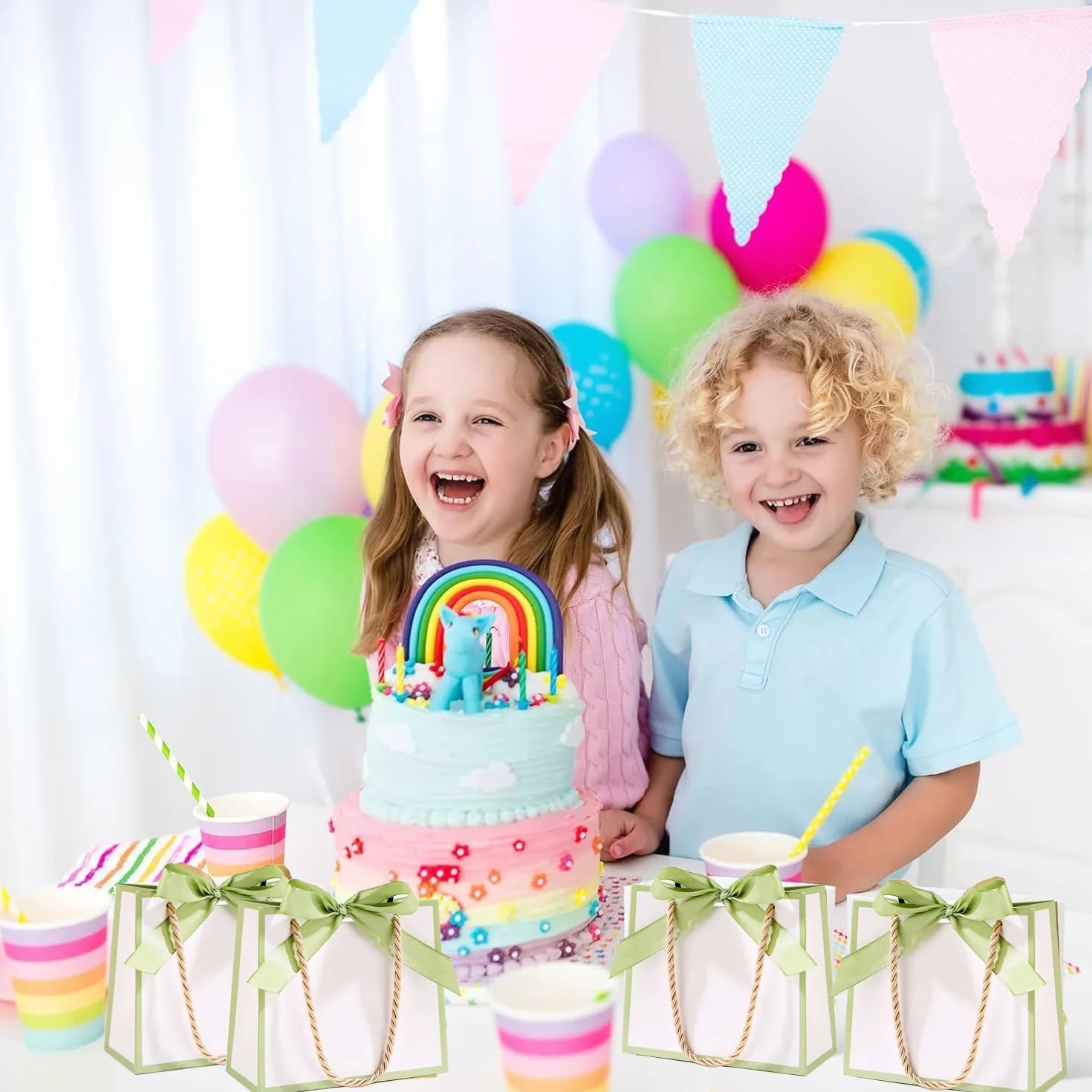 12 sztuk małych torebek na prezenty z uchwytami, mini torebki na prezenty "Dziękuję" ze wstążką na ślub, baby shower, urodziny (białe, zielone, 12 sztuk)