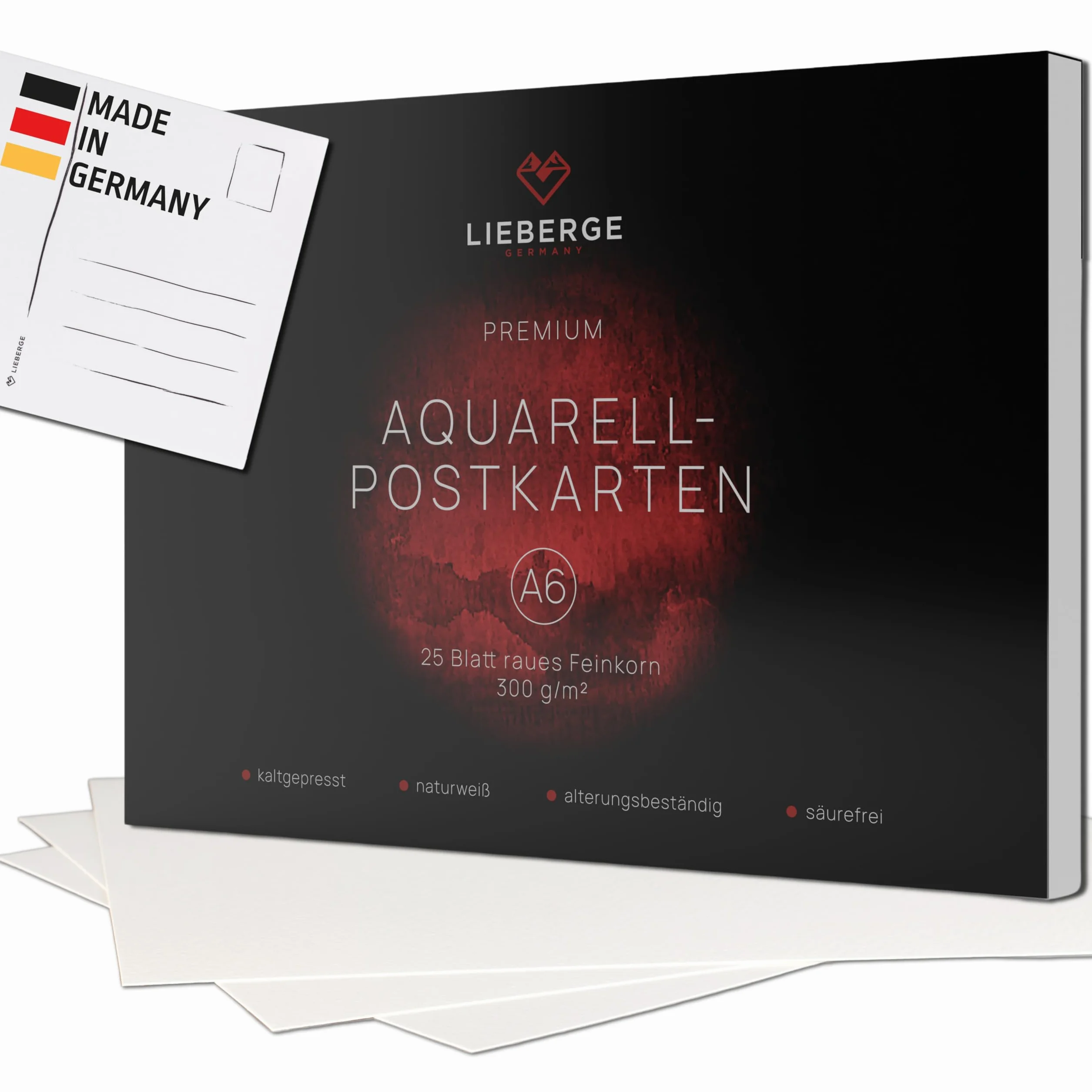LIEBERGE Papier akwarelowy Premium A6 300 g - Wyprodukowano w Niemczech - 25 arkuszy Blok papieru akwarelowego | Pocztówki akwarelowe | Papier akwarelowy (DIN-A6 25 arkuszy)