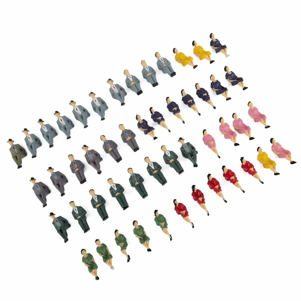 Siedzące plastikowe figurki modelarskie, zestaw 50 sztuk, skala 1:32, malowane miniaturowe osoby do architektonicznych i kolejowych układów scen