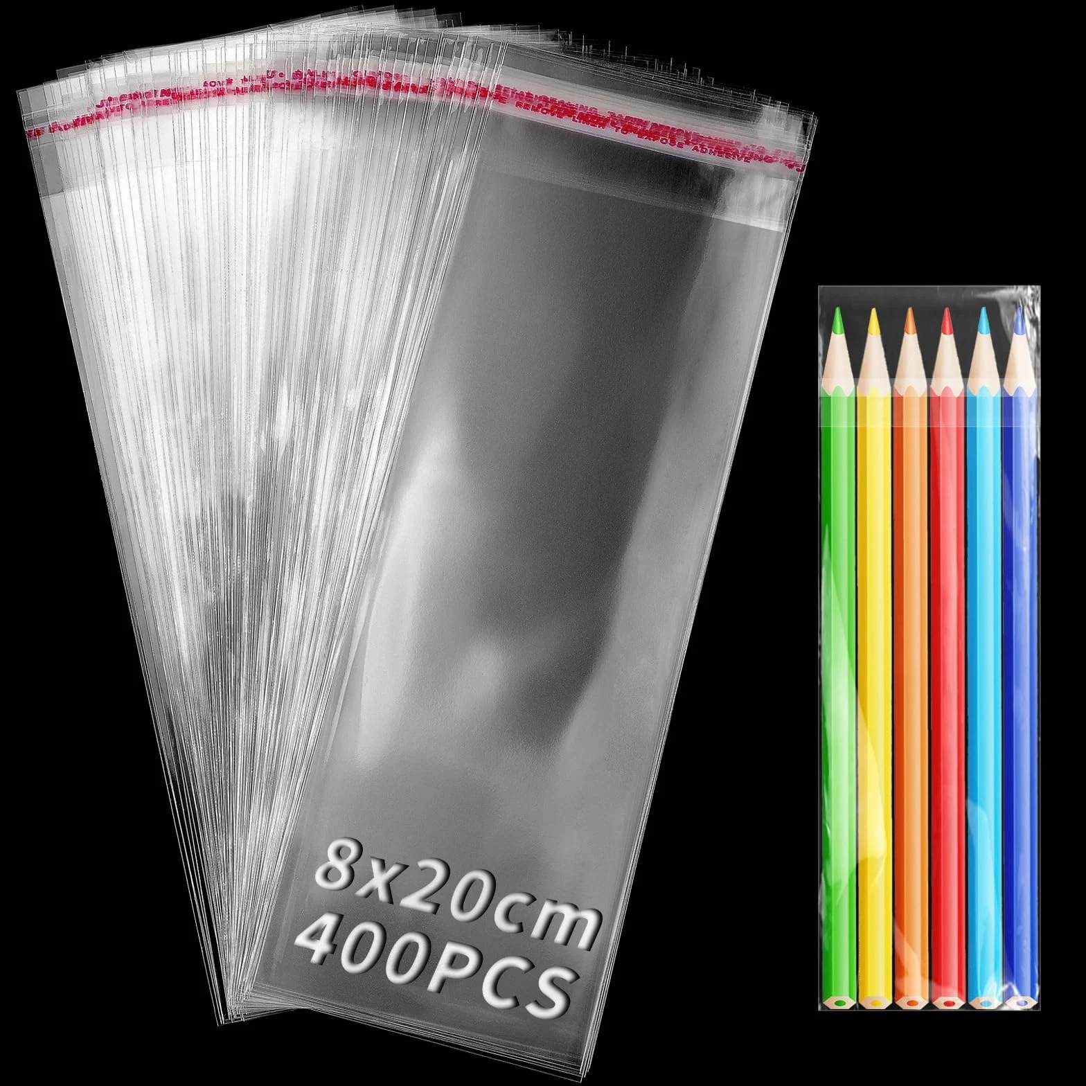 TXXATX 400 szt. plastikowych torebek celofanowych, samoprzylepnych, 8 x 20 cm, przezroczyste torebki celofanowe, długie torebki OPP, torebki celofanowe, zamykane torebki na świece, naszyjniki,