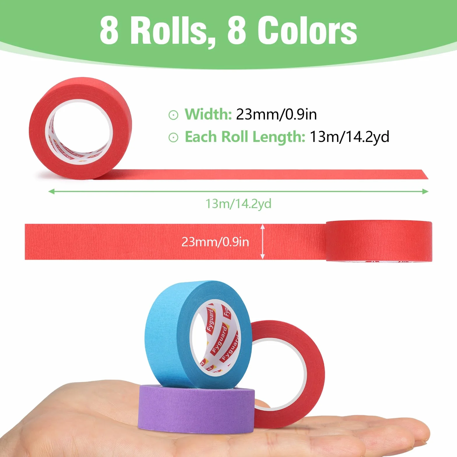 8 rolek kolorowej taśmy maskującej, 23 mm x 13 m, taśma malarska, w kolorze tęczy, taśma dekoracyjna, dla dzieci, studentów, DIY, scrapbookingu, rzemiosła
