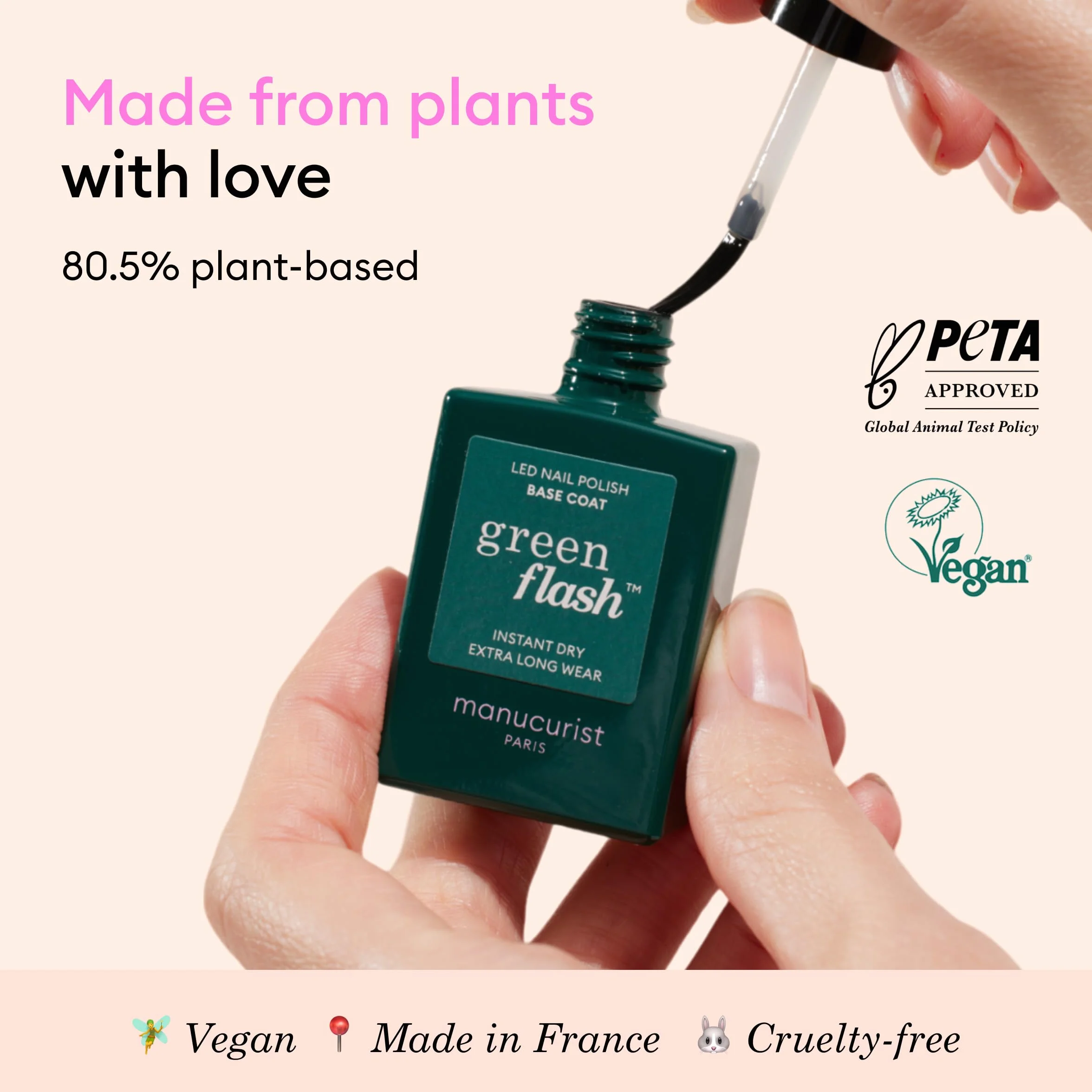 Manucurist Coat Base Green Flash - Półtrwała podstawa lakieru - 12-wolna - 84% składników biopochwowych - Wyprodukowano we Francji - Butelka 15 ml