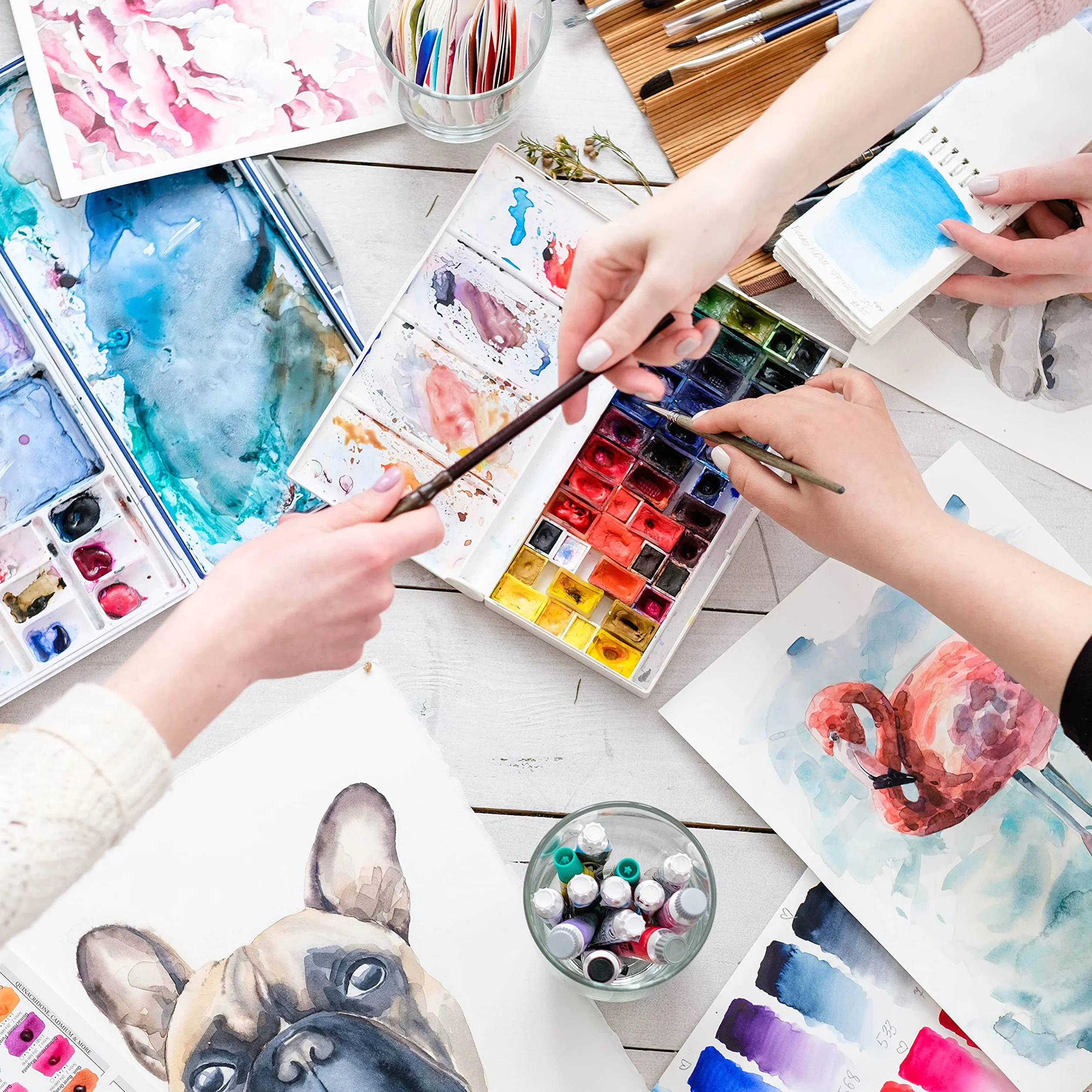 CreaTek Papier akwarelowy A4 300 g, w zestawie 2-godzinny kurs wideo, 30 arkuszy bloków akwarelowych + 2 pędzle + ołówek + 400 szablonów do malowania - farby akwarelowe