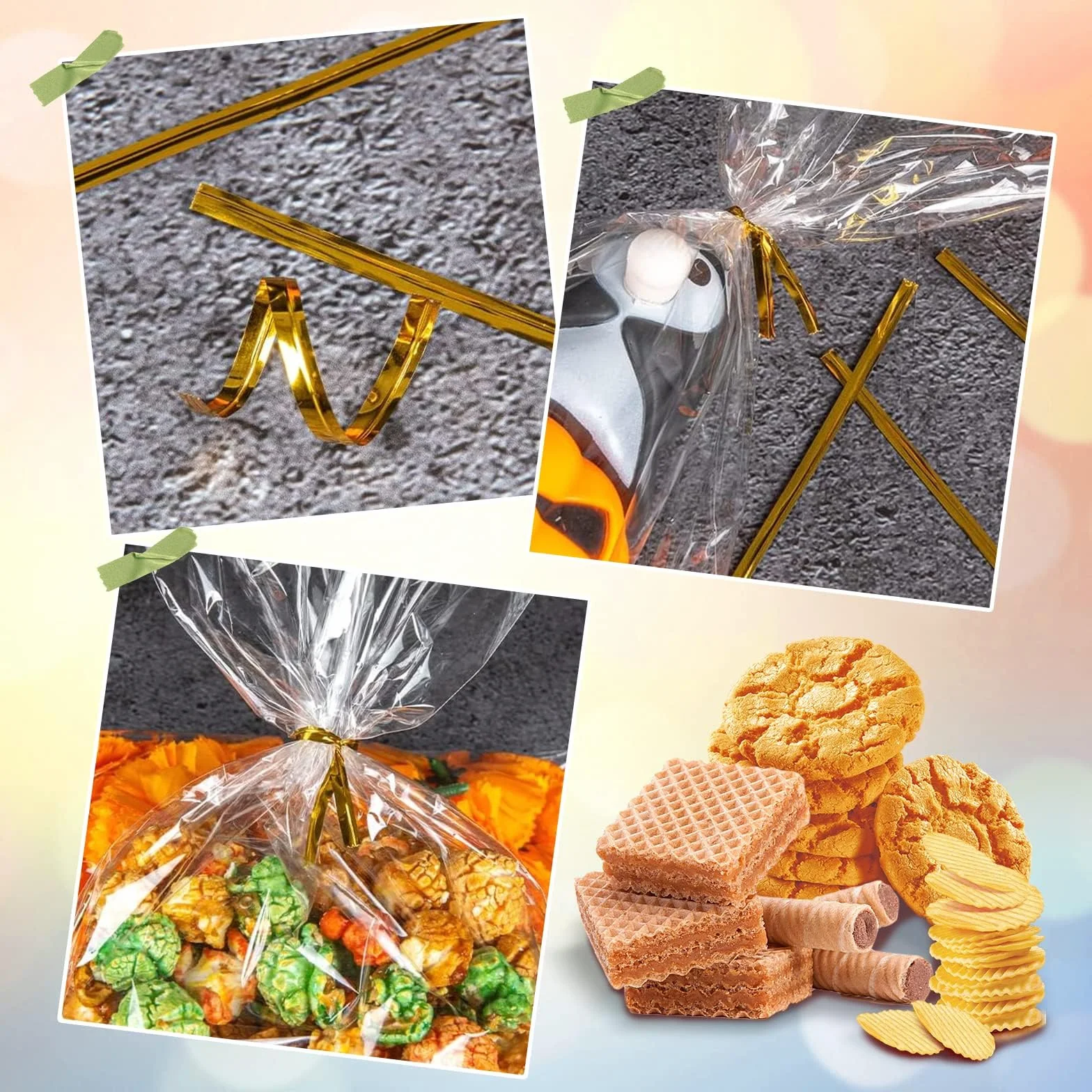 Torby celofanowe, 200 sztuk, plastikowa, 15 x 20 cm, na ciasteczka z 200 złotymi opaskami kablowymi, przezroczyste torebki na słodycze, na przyjęcie urodzinowe dla dzieci