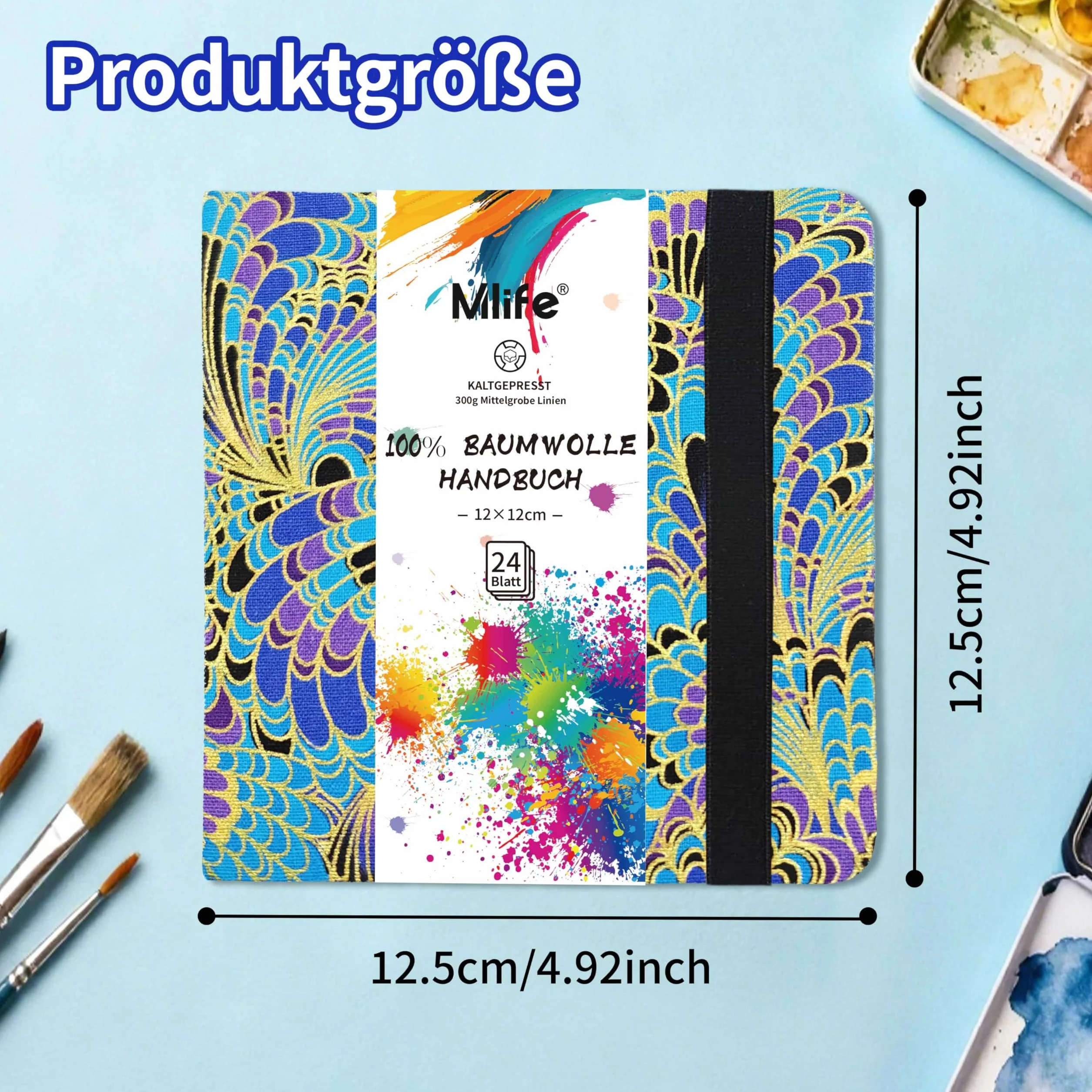 Mlife Dwustronny Szkicownik Akwarelowy Square, 100% Bawełna, 300 G/M², Bezkwasowy, Blok Akwarelowy Idealny Dla Miłośników Sztuki, Dorosłych I Studentów, 12,5 X 12,5 cm, Niebieskie Pióra
