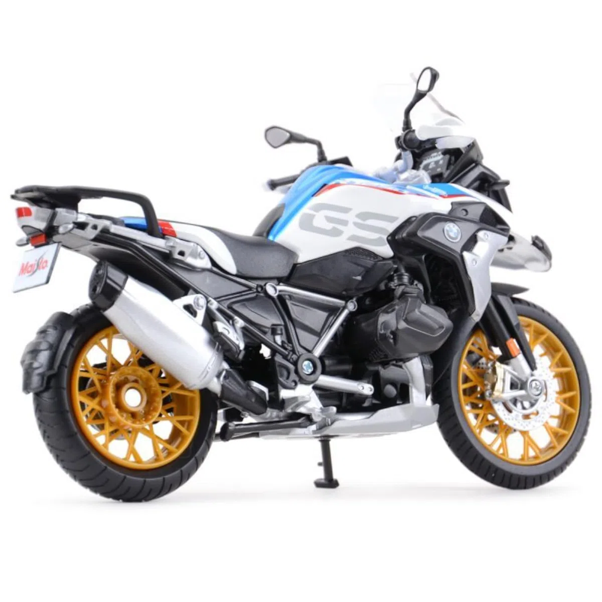 Maisto BMW R1250GS: model motocykla w skali 1:12, ze sprężyną i rozkładanym stojakiem bocznym, 17 cm, niebiesko-biały (5-20100), średni