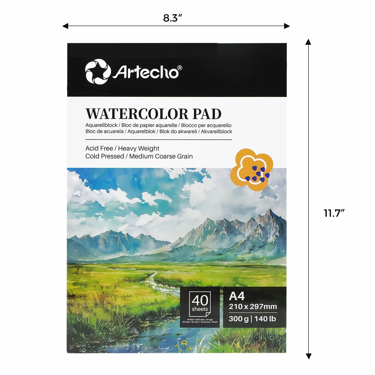 Artecho Blok papieru akwarelowego A4, 40 arkuszy z pędzlem akwarelowym i ołówkiem, papier akwarelowy 300g/m², blok papieru artystycznego, szkicownik akwarelowy do malowania, rysowania, szkicowania i