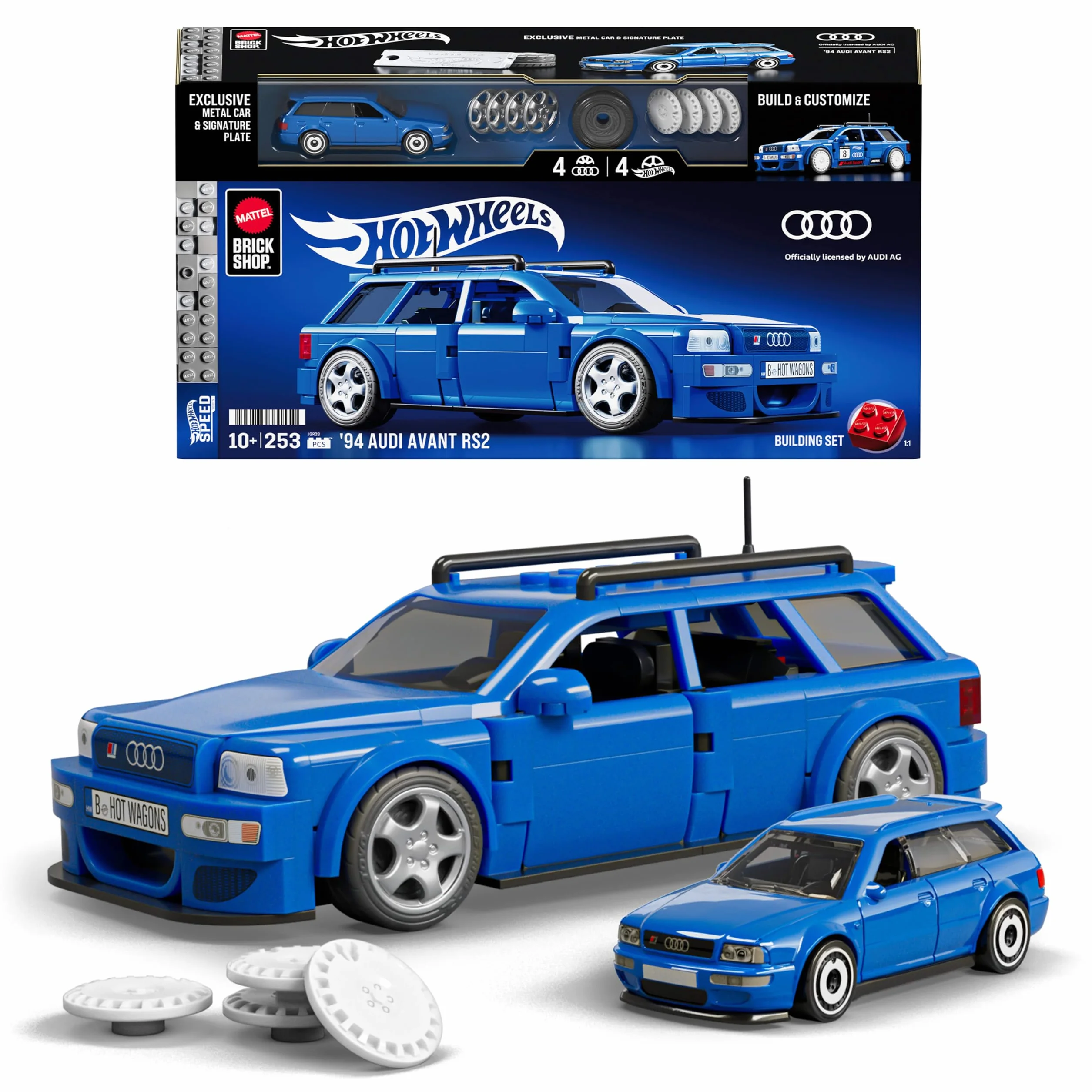 Mattel Brick Shop Klocki Hot Wheels Speed Series Audi Avant RS2 (1994) Samochód do zbudowania, 253 elementy, realistyczne detale i wyjątkowe naklejki, dla kolekcjonerów i dla dzieci +10 lat, JGR28