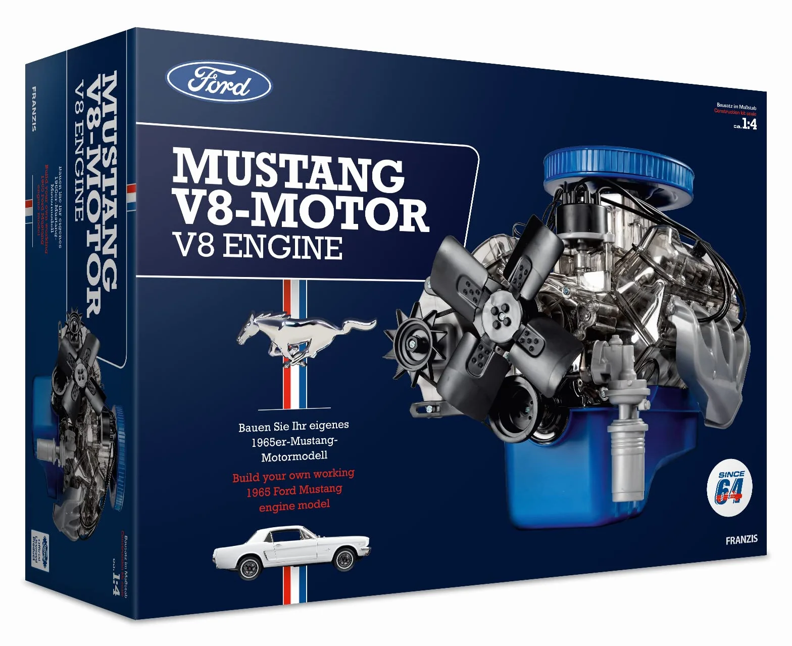 FRANZIS 67501 - Ford Mustang V8 - a true-to-life model kit of 1:4 scale of the Ford Mustang engine, original motorsound and a comprehensive accompanying handbook with 100 pages