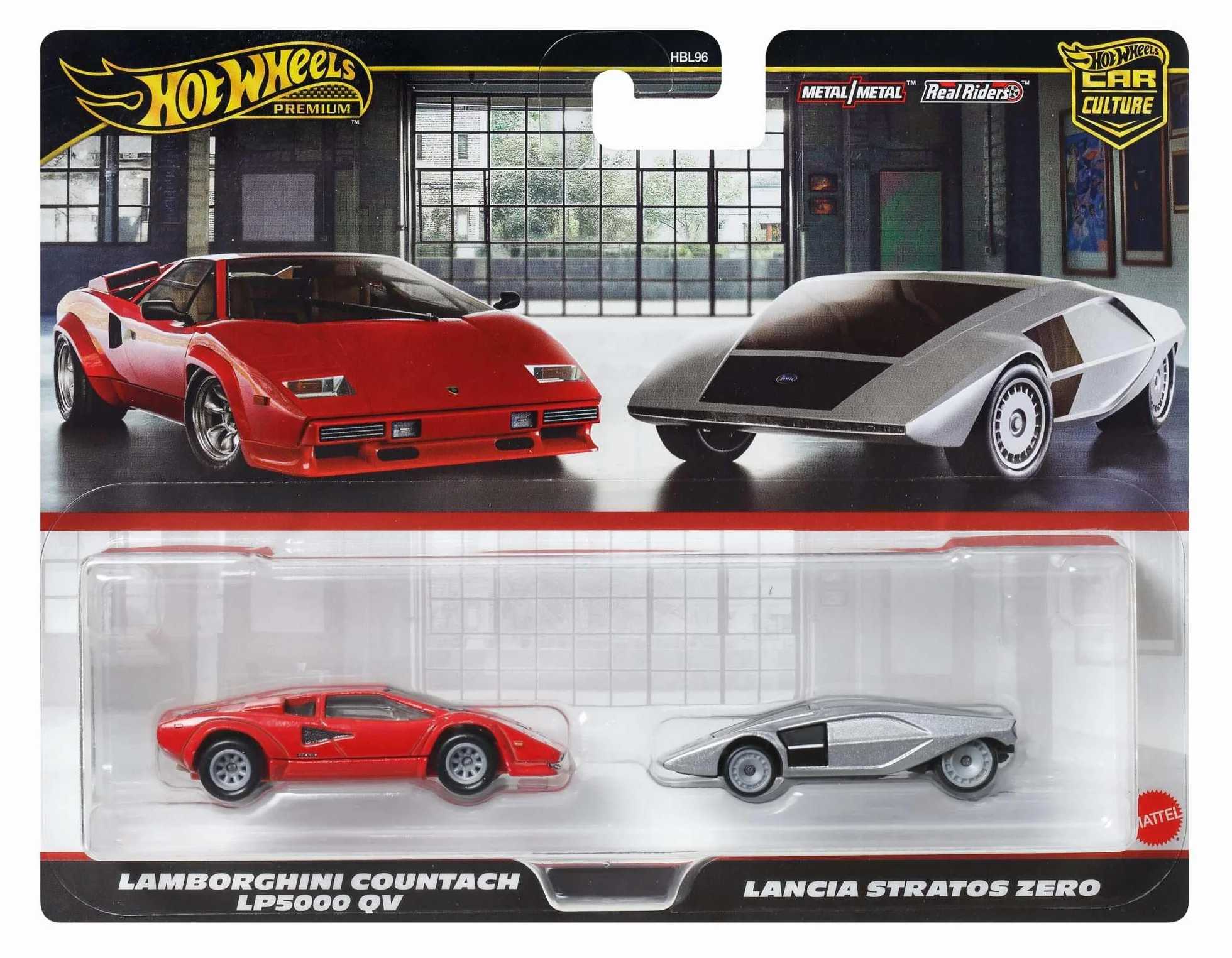 Hot Wheels Premium Kultowe auta Lamborghini/Lancia 2-pak samochodów w skali 1:64, wyjątkowe połączenia, opony Real Riders, metalowa konstrukcja, zestaw auta dla kolekcjonerów, JBL02