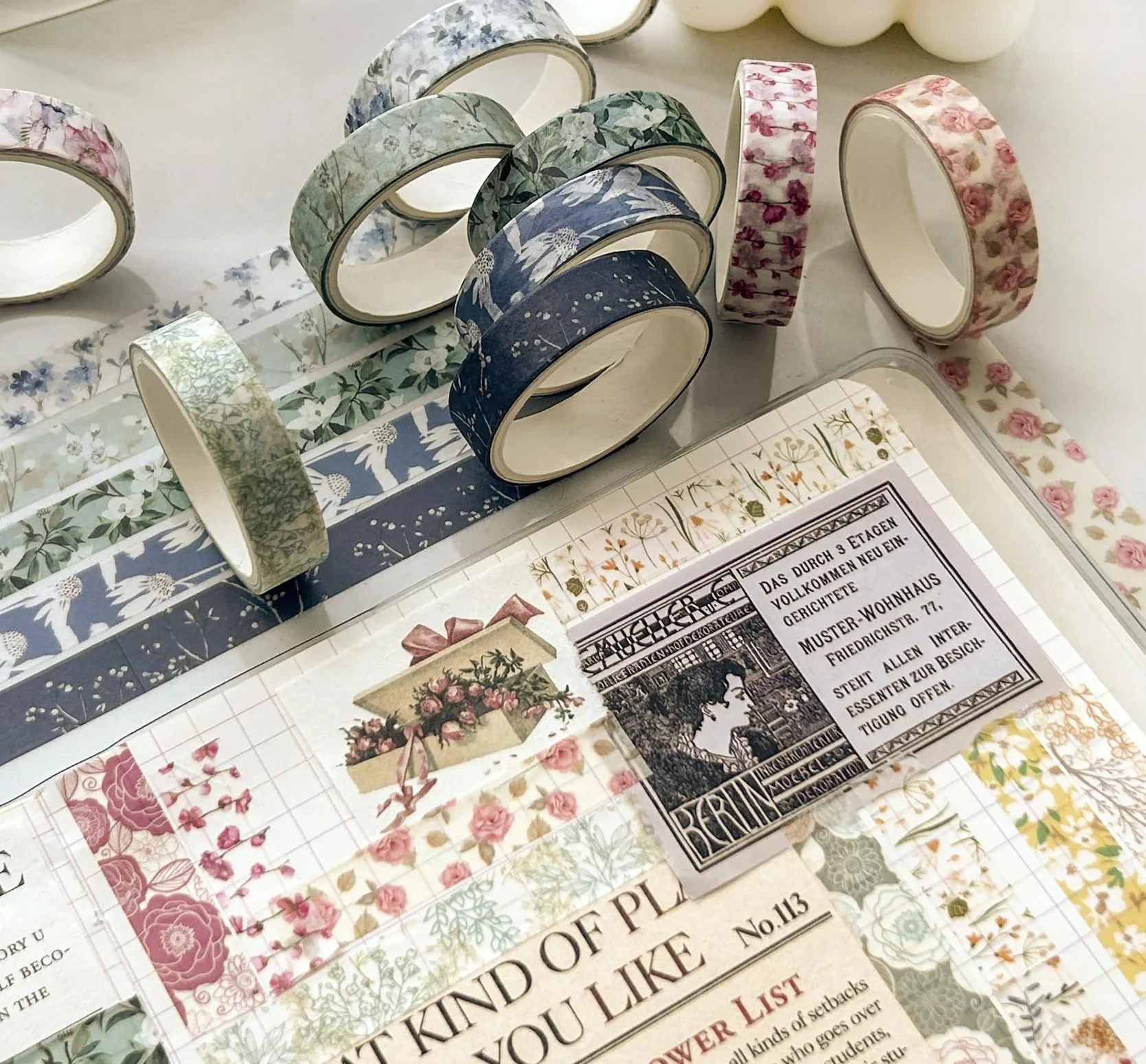 Kwiaty Washi Tape zestaw 30 rolek wzorów kwiatowych, dekoracyjne, wąskie, maskujące taśmy do sztuki, rękodzieła, dzienników, planerów, scrapbookingu, owijania (Greens Thrive)