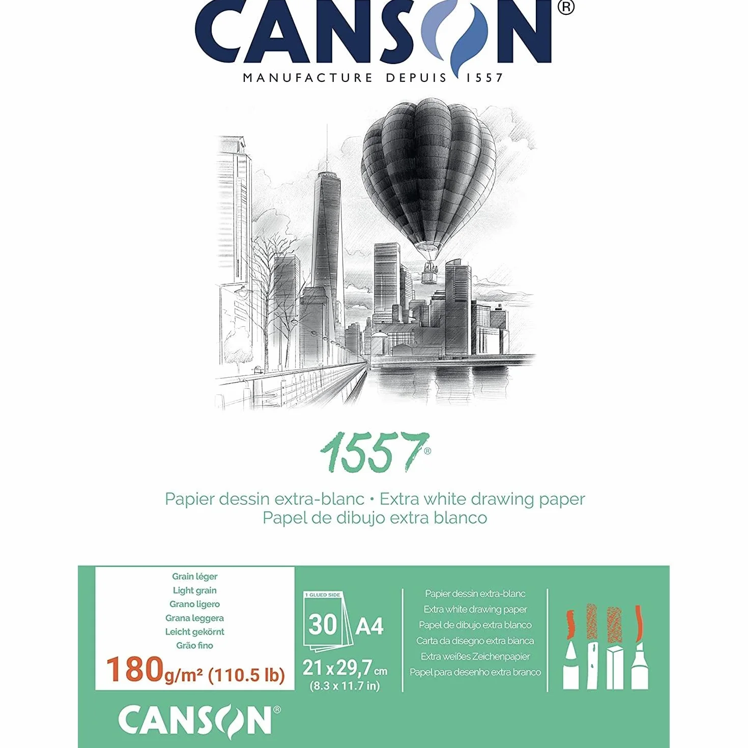 Canson 1557 blok do rysunku klejony, A4, 30 arkuszy, 180 g/m², lekko ziarnisty