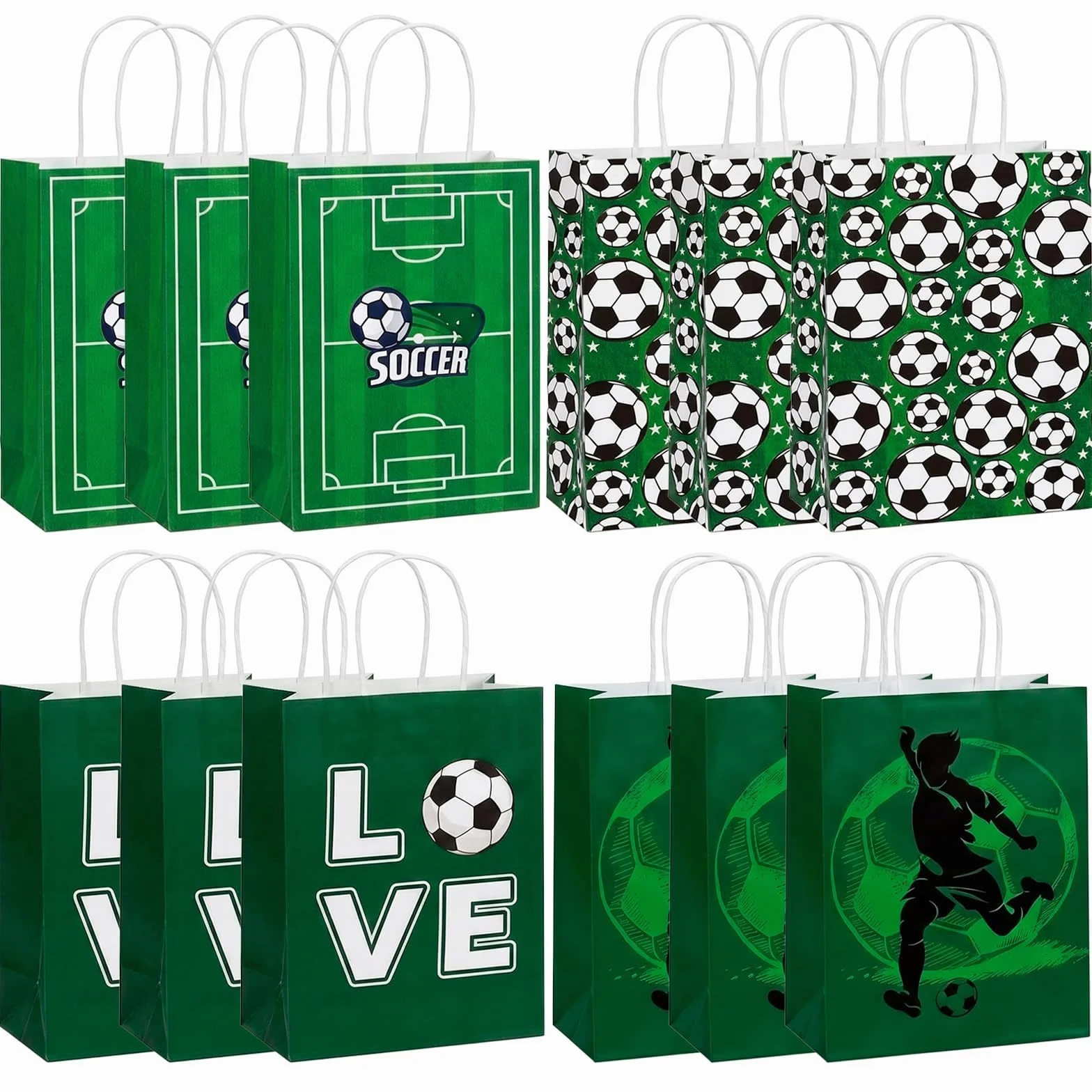 HOMAVEL 12 szt. papierowych torebek na imprezę piłkarską, 15 x 8 x 21 cm, zielone torebki na prezenty w 4 wzorach, solidne torby na smakołyki z uchwytami na mistrzostwa świata, urodziny dzieci