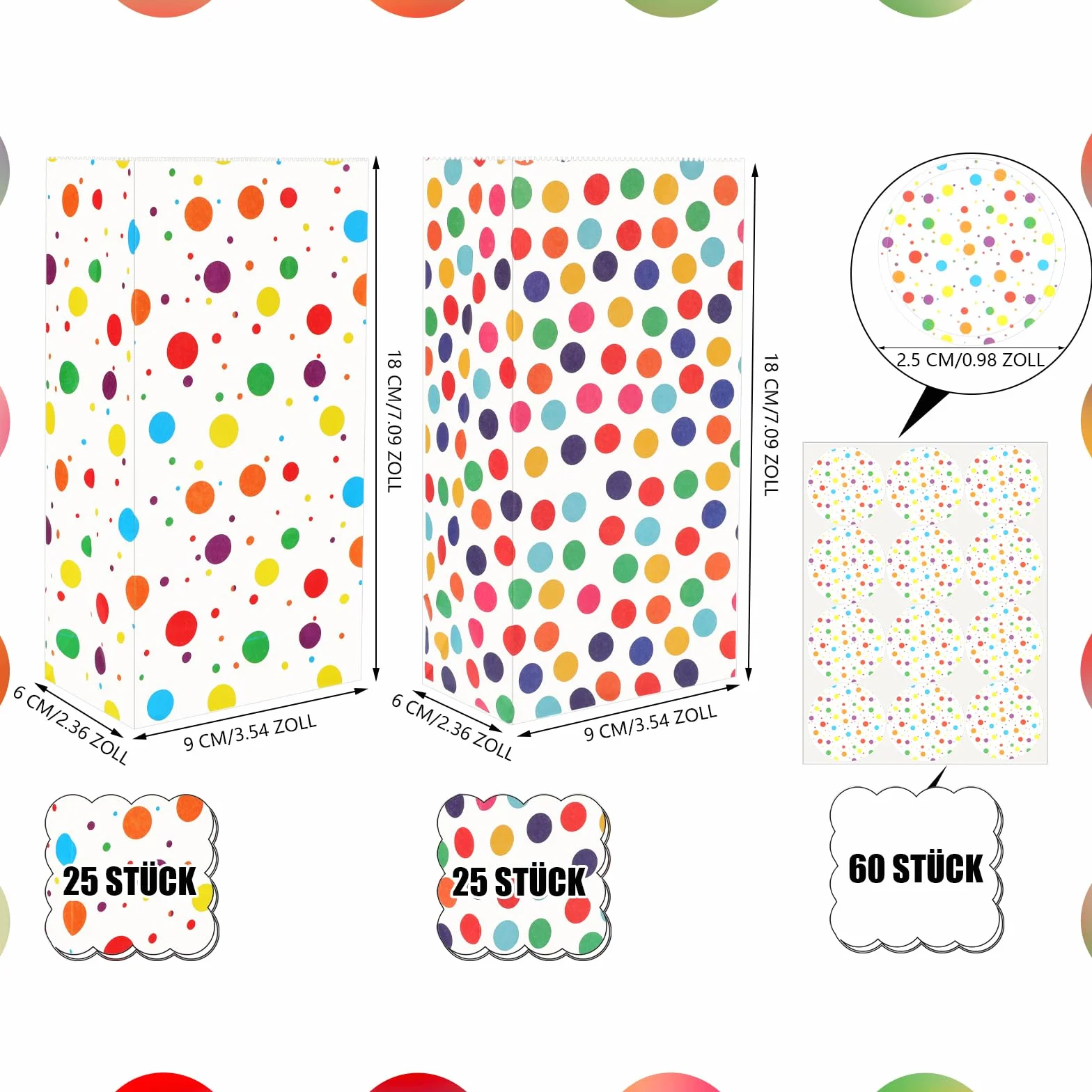 woric 50 sztuk małych torebek papierowych na urodziny dziecka, 18 x 9 x 6 cm, małe torebki na prezenty, 60 naklejek, kolorowe torebki na słodycze, na wesele, upominki, urodziny dziecka (2 style)