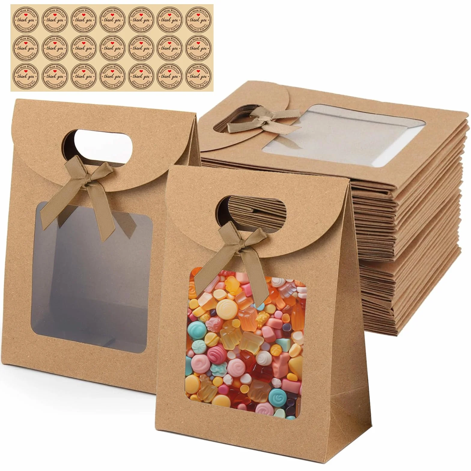 QingWing 20 sztuk papierowych toreb na prezenty z przezroczystym okienkiem i uchwytami, 12 x 6 x 16 cm papierowe torby na zakupy z naklejkami, na przekąski i słodkie wesela, Boże Narodzenie
