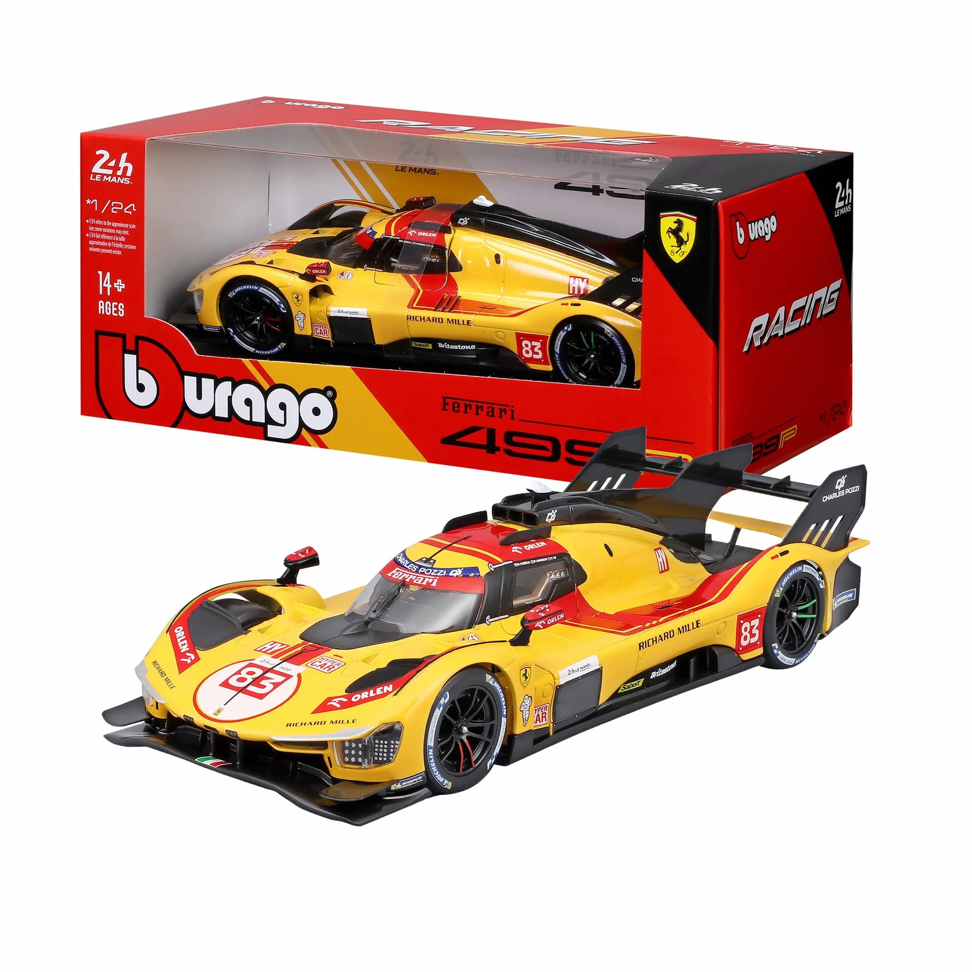 Bburago - Ferrari 499P 24H LMS Hypercar 2025#83, model diecast w skali 1:24, szczegółowa replika mistrza Le Mans, otwierane drzwi, oficjalna licencja Ferrari, zalecany wiek 3+ lata