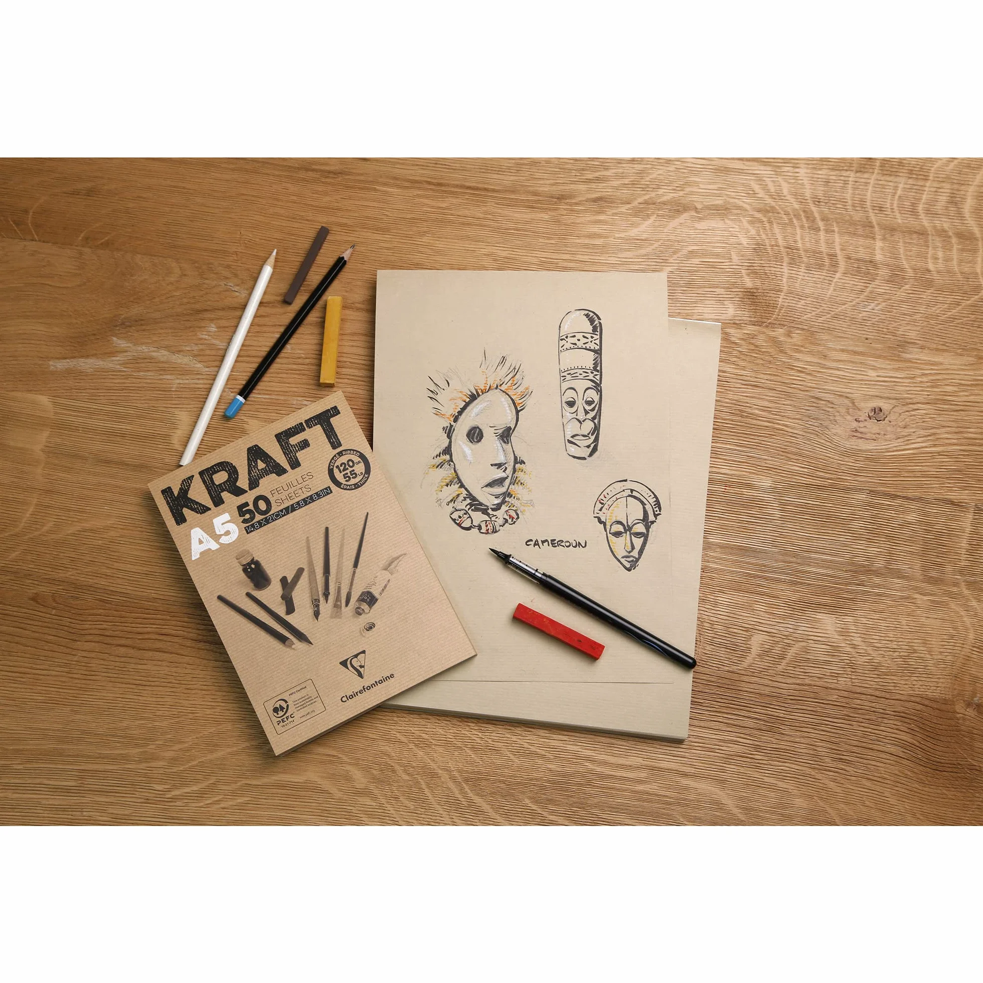 Clairefontaine 96545C – Blok klejony z papieru kraft – 100 arkuszy prążkowanego brązowego papieru kraft – A4 (21×29,7 cm) – 90 g – Papier dwustronny do szkicu i rysunku