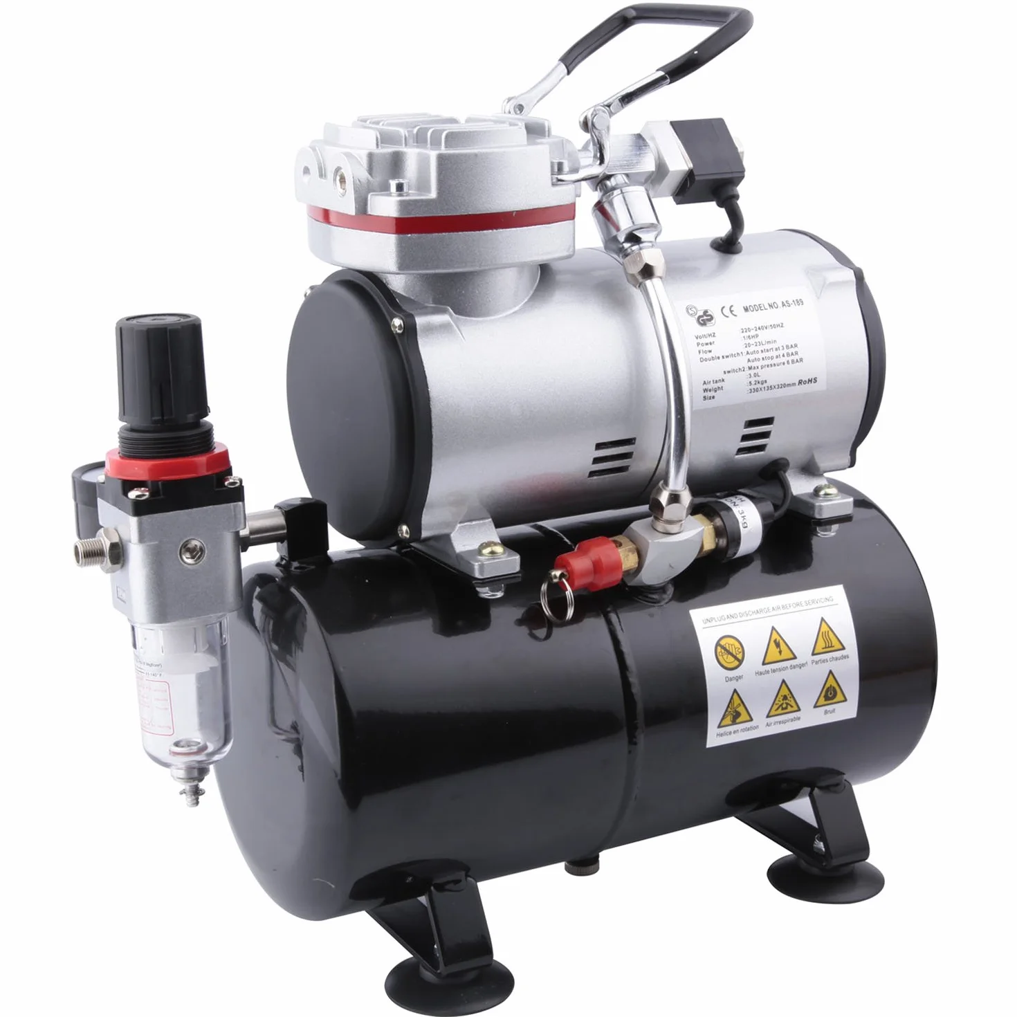 Profesjonalny kompresor Aerograf Fengda FD 189, moc 125 W, przepływ powietrza 20 23 L, automatyczny start: 3 bar, maksymalne ciśnienie: 6 bar, zbiornik powietrza: 3L, połączenia 1/8 BSP, waga netto