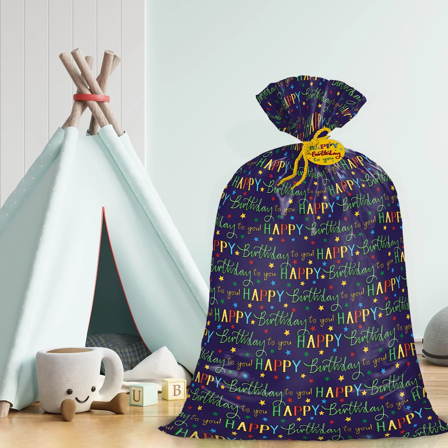 Loveinside Duża plastikowa torba na prezent urodzinowy 142 cm - kolorowe litery z okazji urodzin i wzór gwiazd na urodziny dzieci, imprezy, świętowanie lub na każdą okazję - 142 x 91 cm