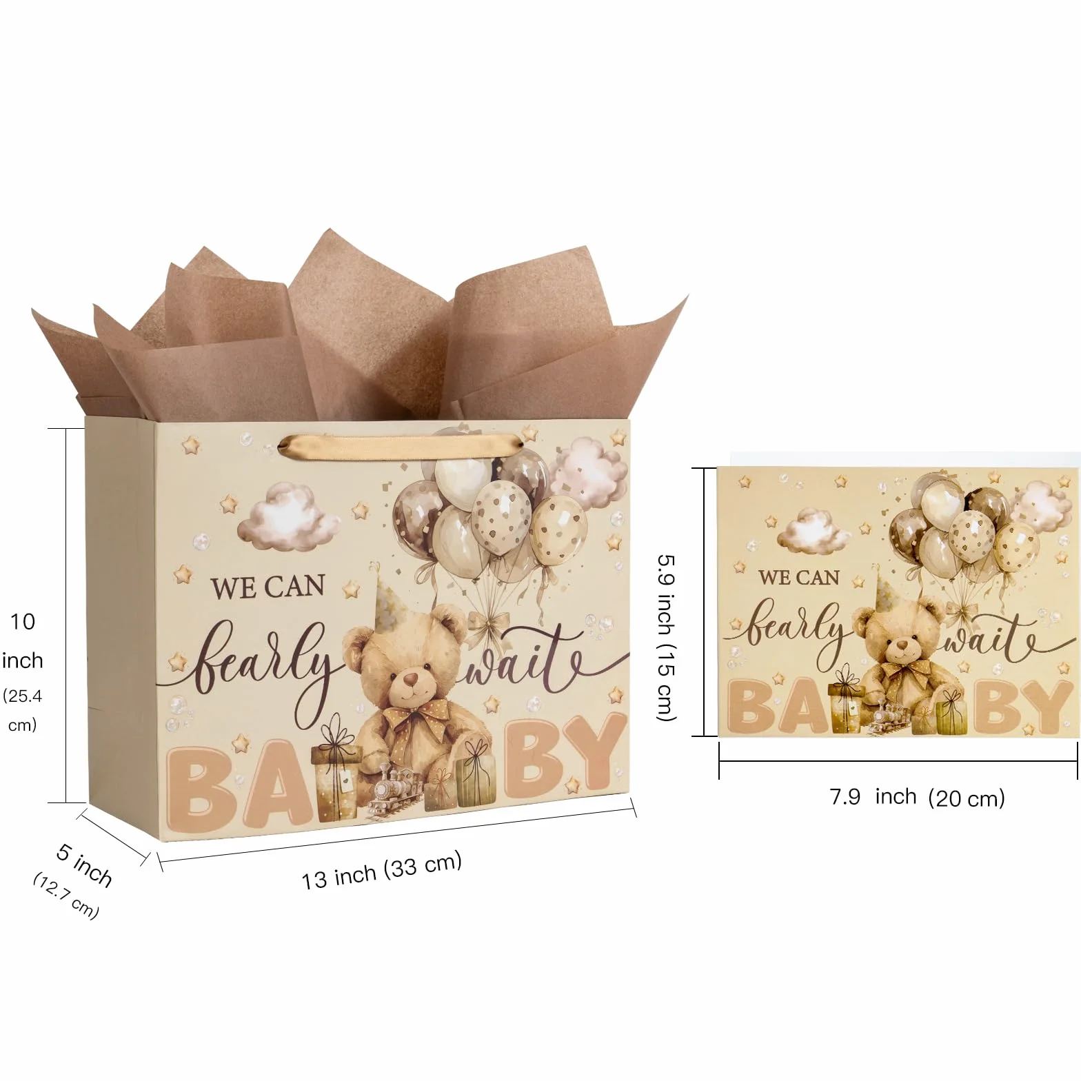 Loveinside 33 cm Niedźwiedź Baby Shower Torby na prezenty urodzinowe z bibułką i kartką - brązowy miś papierowe torby dla dzieci chłopców dziewcząt przyjęcie urodzinowe baby shower artykuły