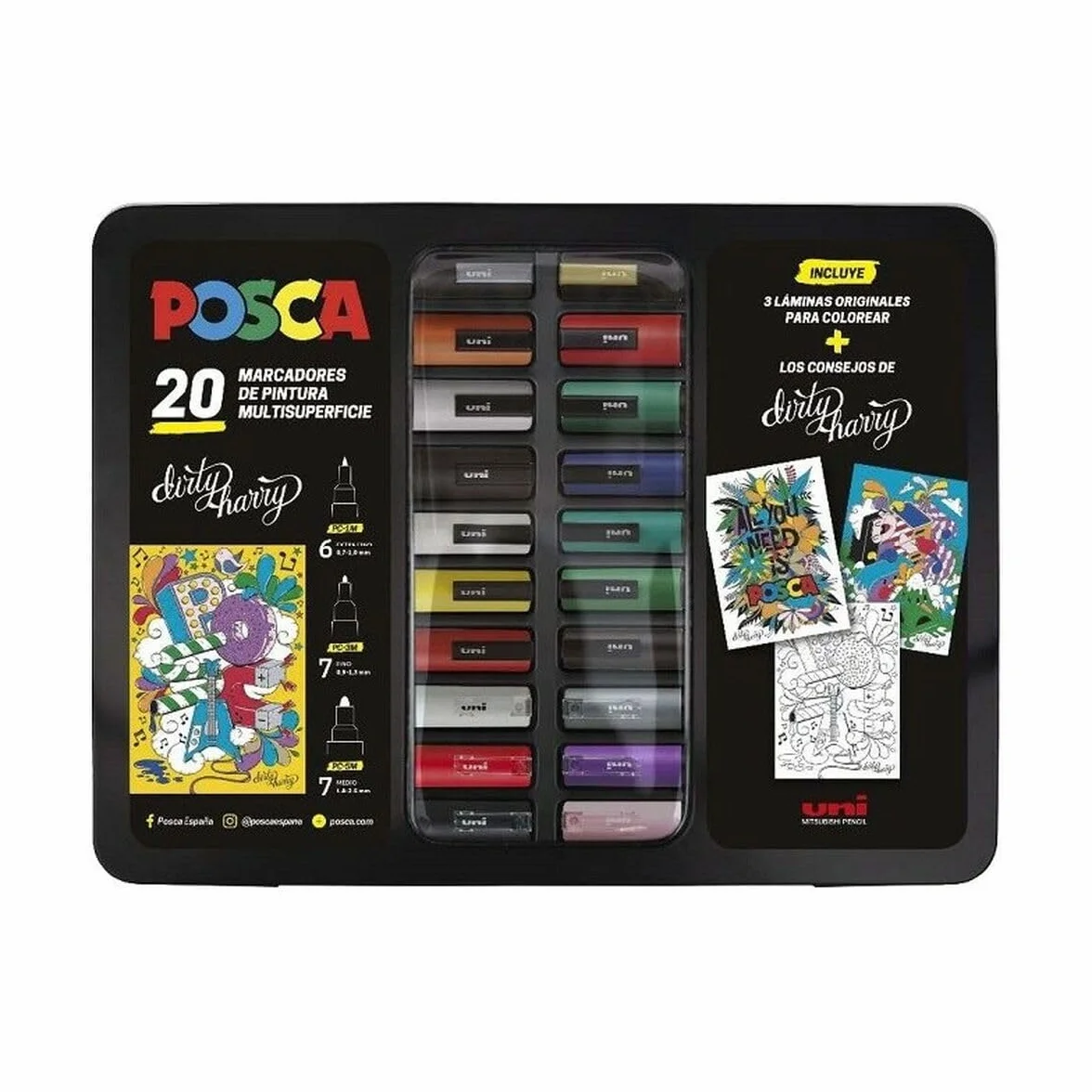 POSCA UNI-BALL Walizka metalowa - Piórnik, 20 sztuk, różne sztuki