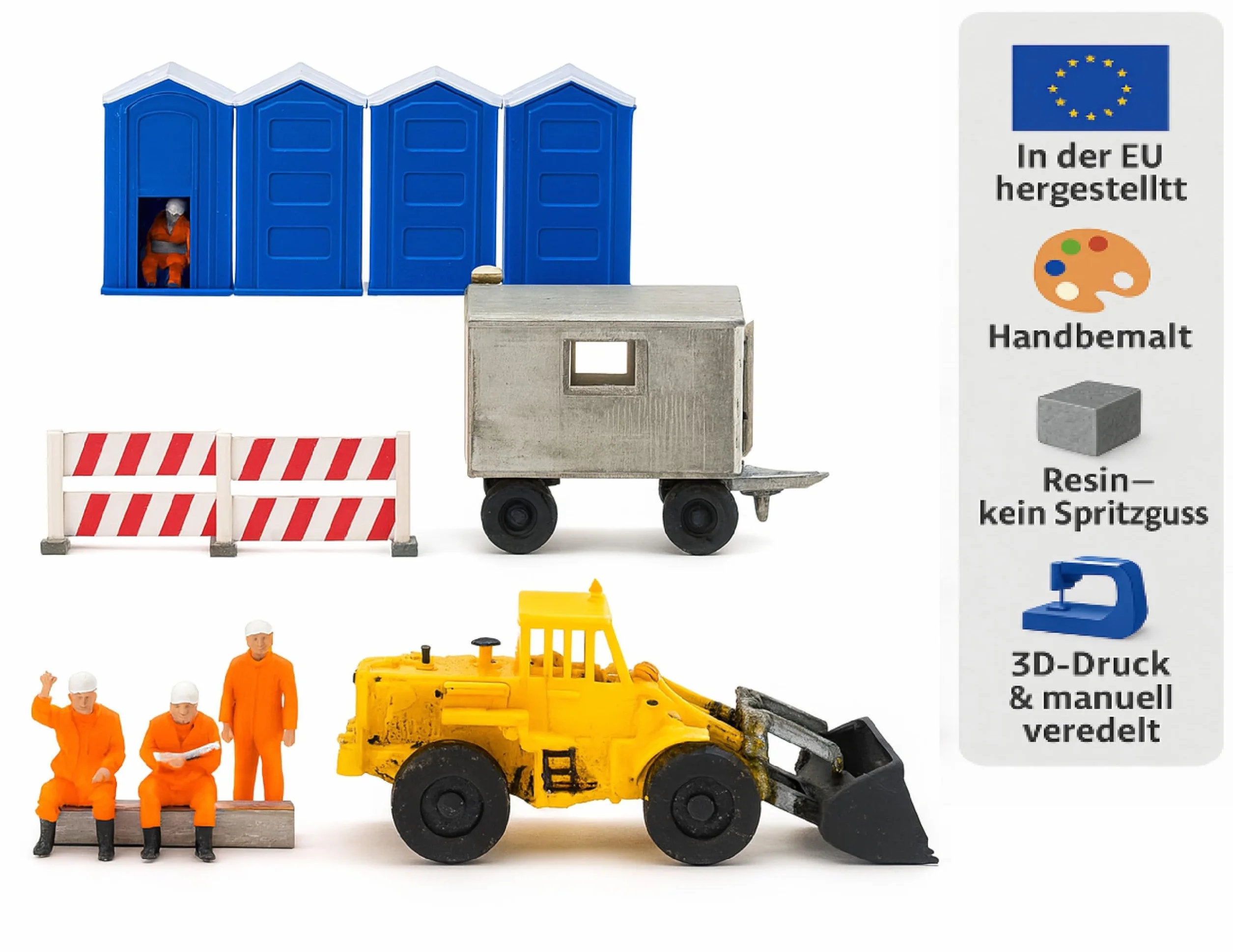 H0 Figurki plac budowy i akcesoria, super zestaw, konstrukcja nr 3 (1:87): miniatury pracowników budowlanych, bariery placu budowy, bloki sanitarne, przyczepy budowlane i koparki – żywica