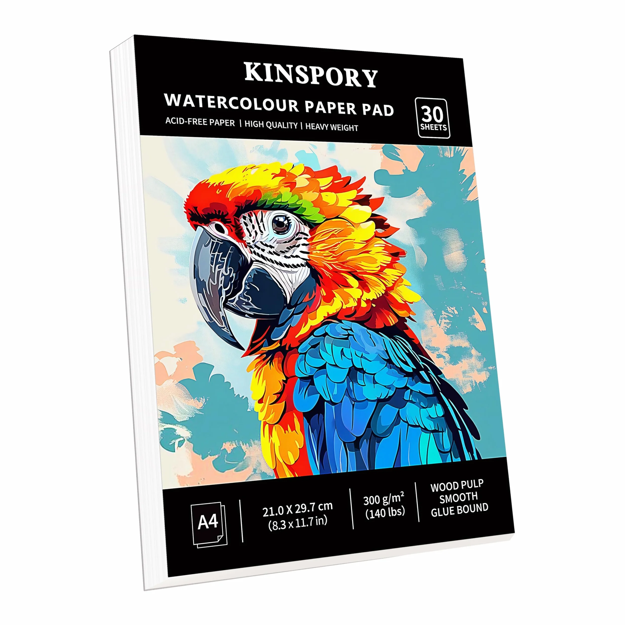 KINSPORY Papier akwarelowy A4, 30 kartek - 21 x 29,7 cm, 300 GSM, klejone, fakturowane na zimno, papieru akwarelowego do akwareli, szkicownik do malowania, szkicowania i mixed media