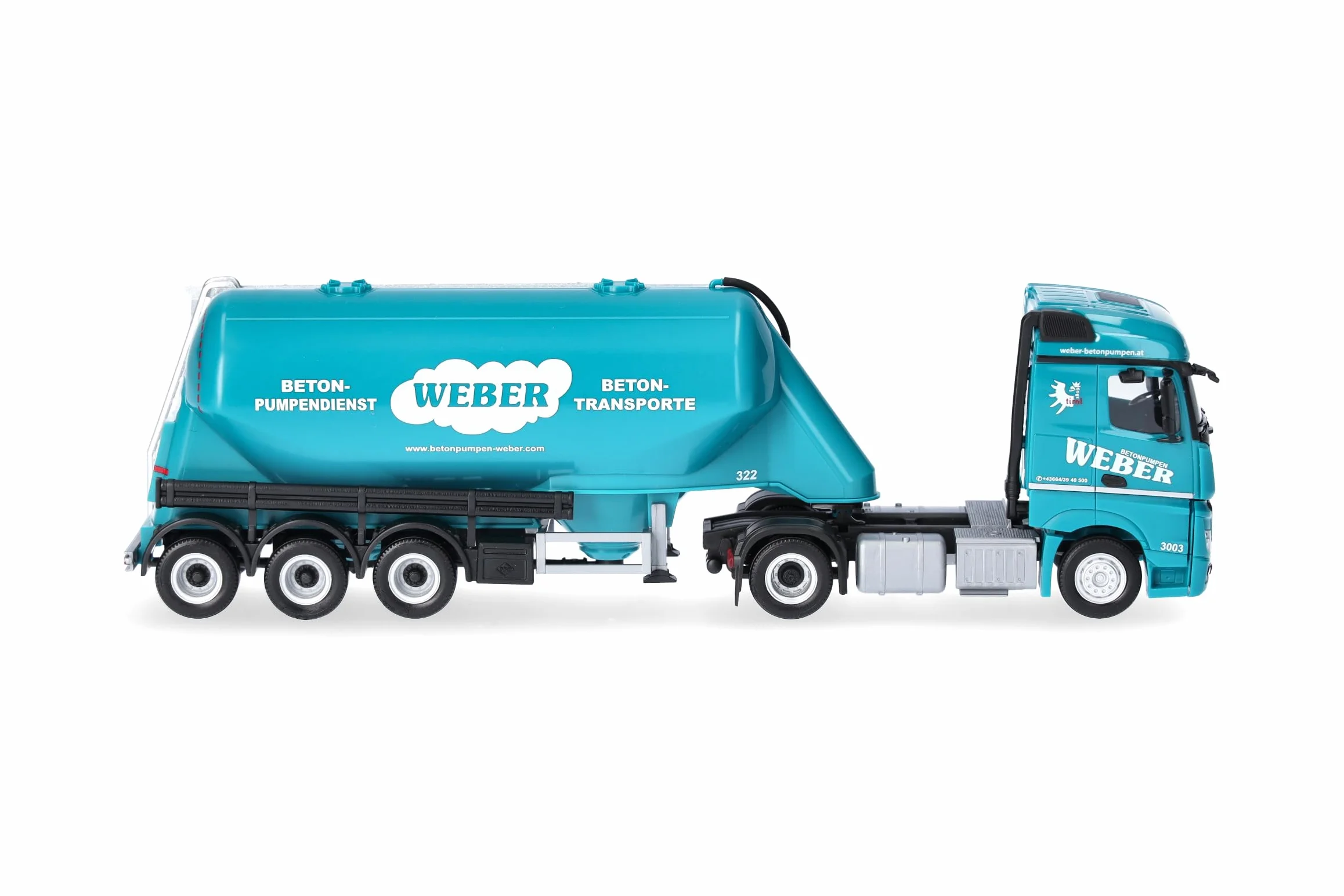 Herpa model ciężarówki Mercedes-Benz Actros 18 Streamspace zestaw z naczepą silosową „Weber Betonpumpen” (Austria), miniatura w skali 1:87, model kolekcjonerski, Made in Germany, tworzywo sztuczne