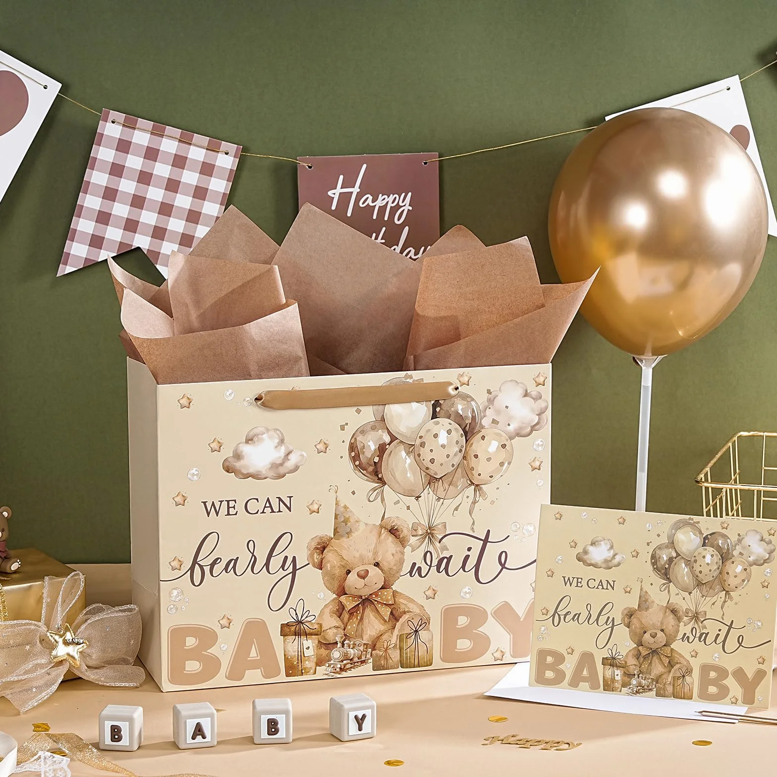 Loveinside 33 cm Niedźwiedź Baby Shower Torby na prezenty urodzinowe z bibułką i kartką - brązowy miś papierowe torby dla dzieci chłopców dziewcząt przyjęcie urodzinowe baby shower artykuły