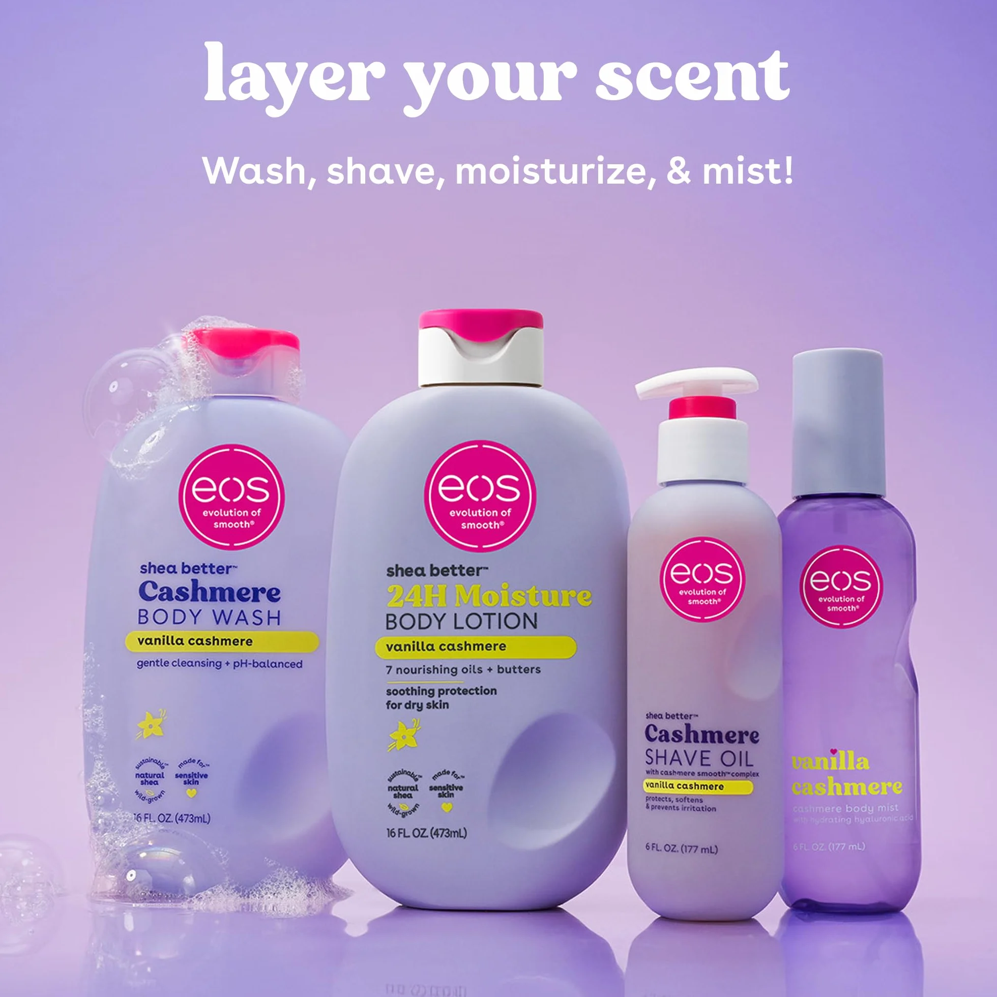 Kolekcja skóry kaszmirowej eos Shave Oil Vanilla Cashmere Scented, całe bikini w okolicy zatwierdzone, 6 fl oz