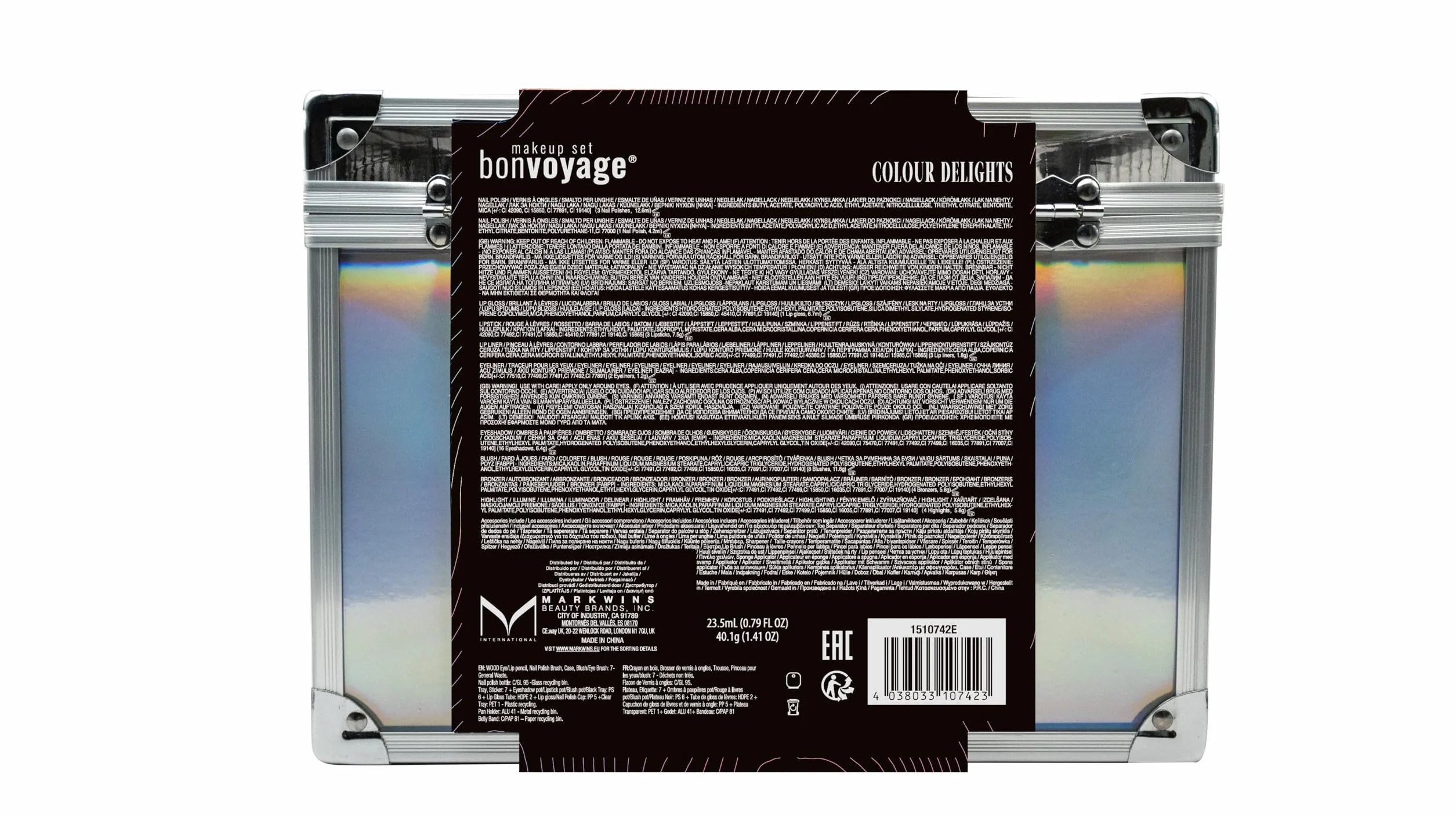 bonvoyage, Zestaw do Makijażu Colour Delights, Zestaw do Makijażu ze Szminką, Cieniami do Powiek, Różem, Zestawem do Manicure i Pedicure, Przenośna i Modna Przezroczysta Walizeczka