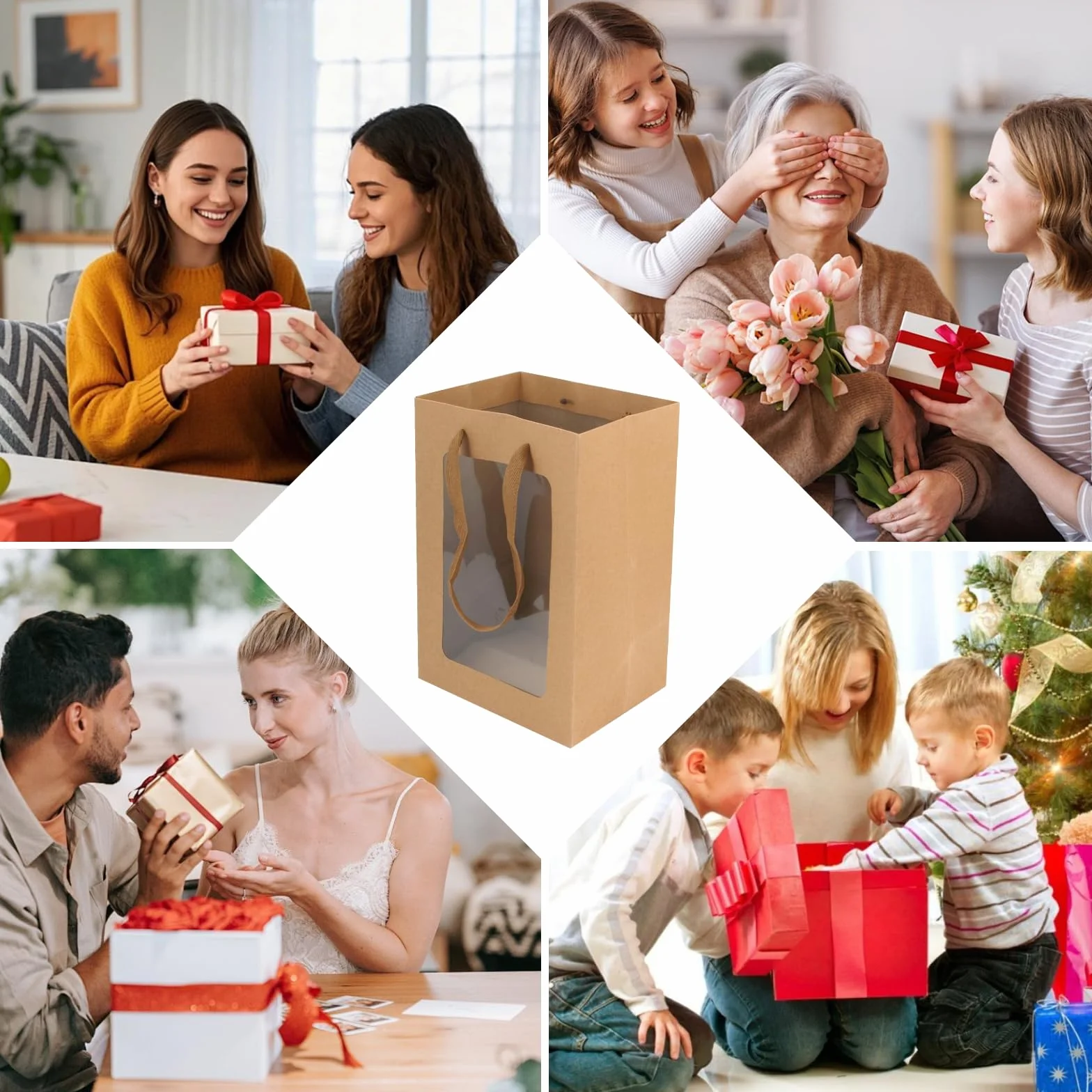 10 sztuk torebek papierowych na prezenty, brązowe, z papieru typu kraft, torebki na prezenty z okienkiem, na urodziny, wesele, imprezę, do pakowania prezentów bankietowych