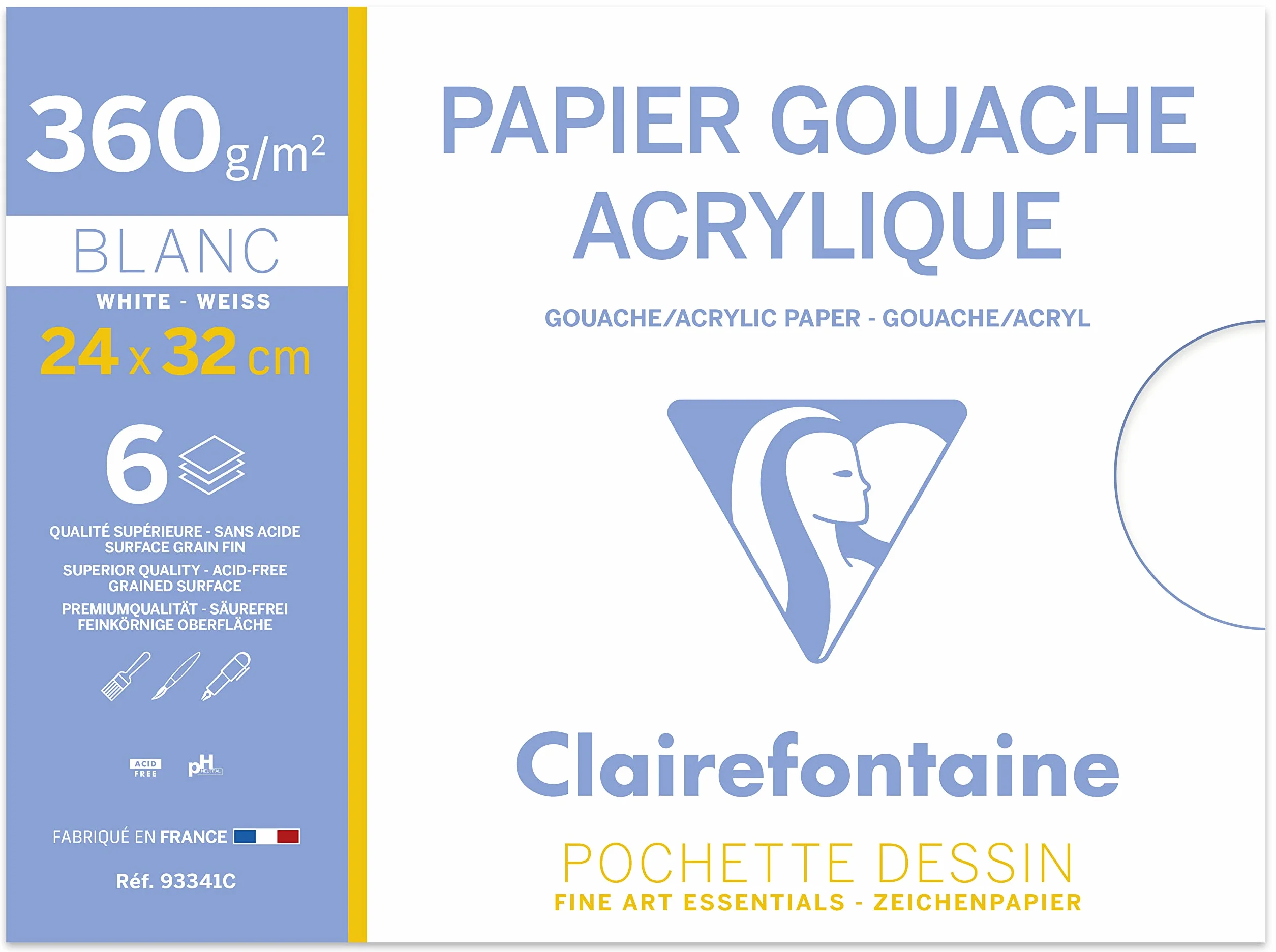 Clairefontaine 93341C papier do farb akrylowych 6 arkuszy 24 x 32 cm 300 g/m² odpowiedni do technik mokrych i gwaszu, papier biały