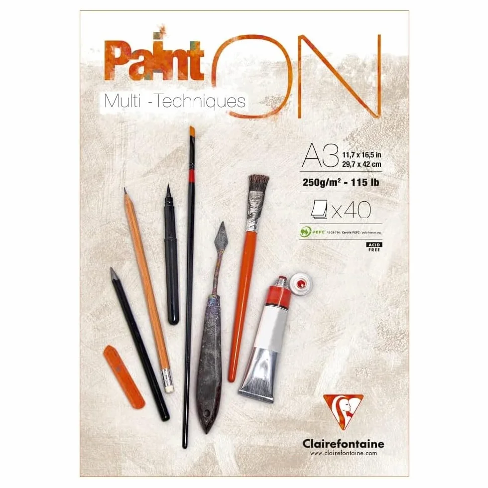Clairefontaine 96536C – Blok rysunkowy PaintON Multi-techniques – 40 arkuszy papieru do technik mieszanych z bardzo lekkim ziarnem – biały – A3 29,7x42 cm 250 g