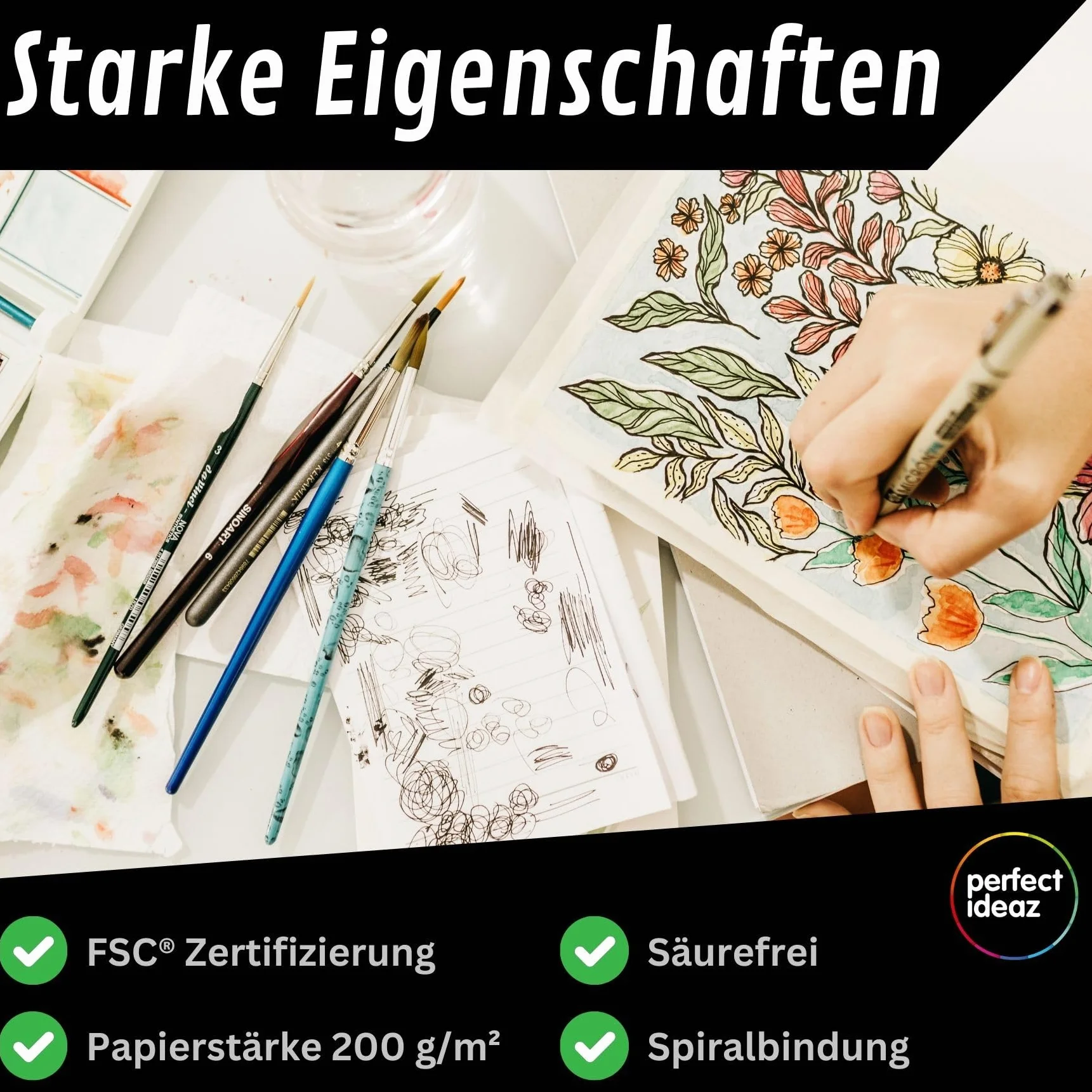 perfect ideaz - Szkicownik DIN-A4 poprzeczny, wiązanie spiralne, certyfikat FSC®, 96 stron (48 arkuszy), twarda okładka, czarny, szkicownik, gruby papier 200 g/m², bezkwasowy
