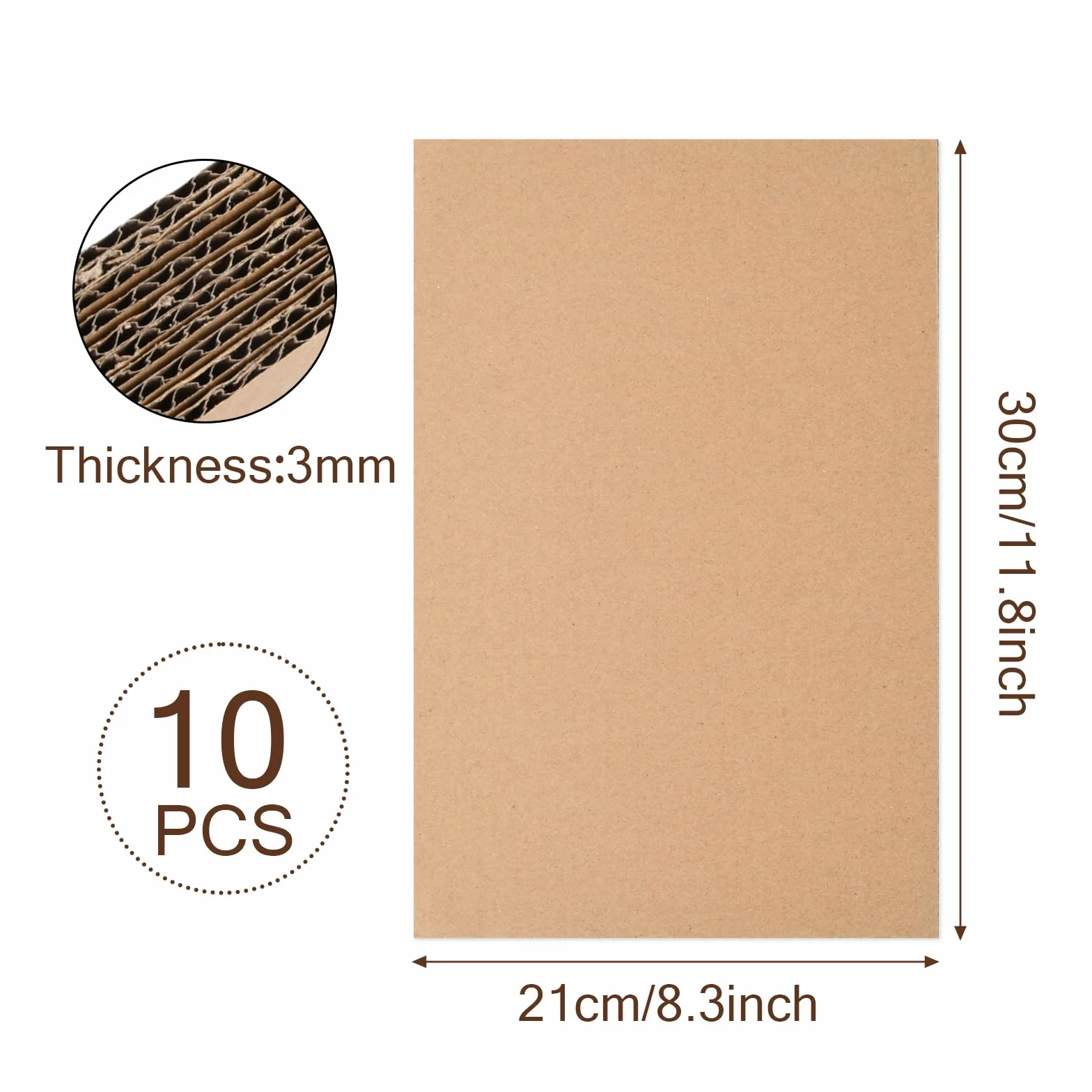 Tektura falista do majsterkowania, 10 sztuk tektury o grubości 3 mm, płyty kartonowe, A4 (210 x 300 mm), do wysyłki, sztuki, majsterkowania i pakowania (brązowa)