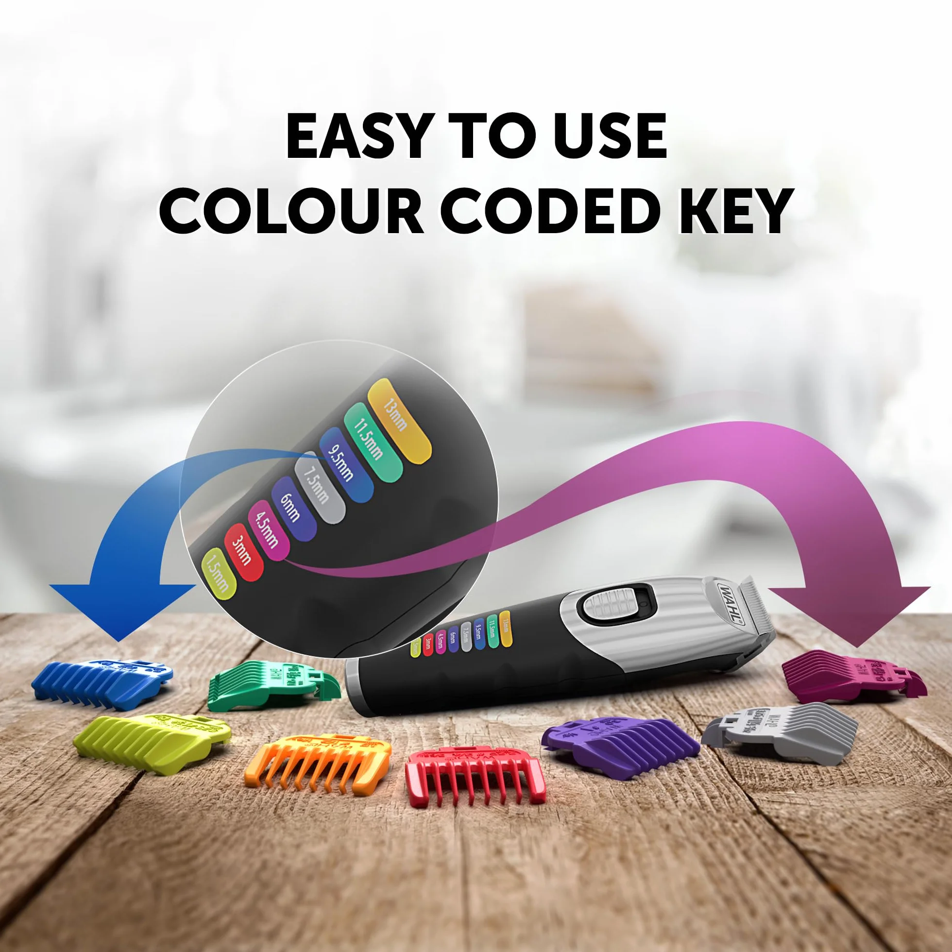 Wahl Color Trim Trymer Do Brody, Innowacyjne Grzebienie Prowadzące z Kodami Kolorów, Czas Pracy 240 Minut, Ładowarka Usb, Do Studia Fitness i Podróży, Precyzyjnie Szlifowane Ostrza