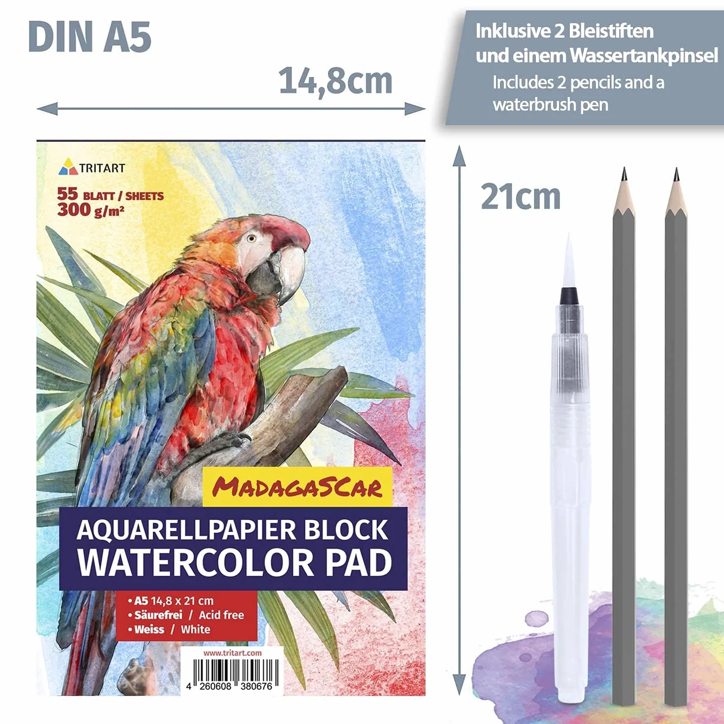 TRITART Papier akwarelowy – DIN A5 300 g – 55 arkuszy – biały – bezkwasowy – papier do rysowania – papier akwarelowy – blok akwarelowy DIN A5 z pędzlem wodnym i 2 ołówkami
