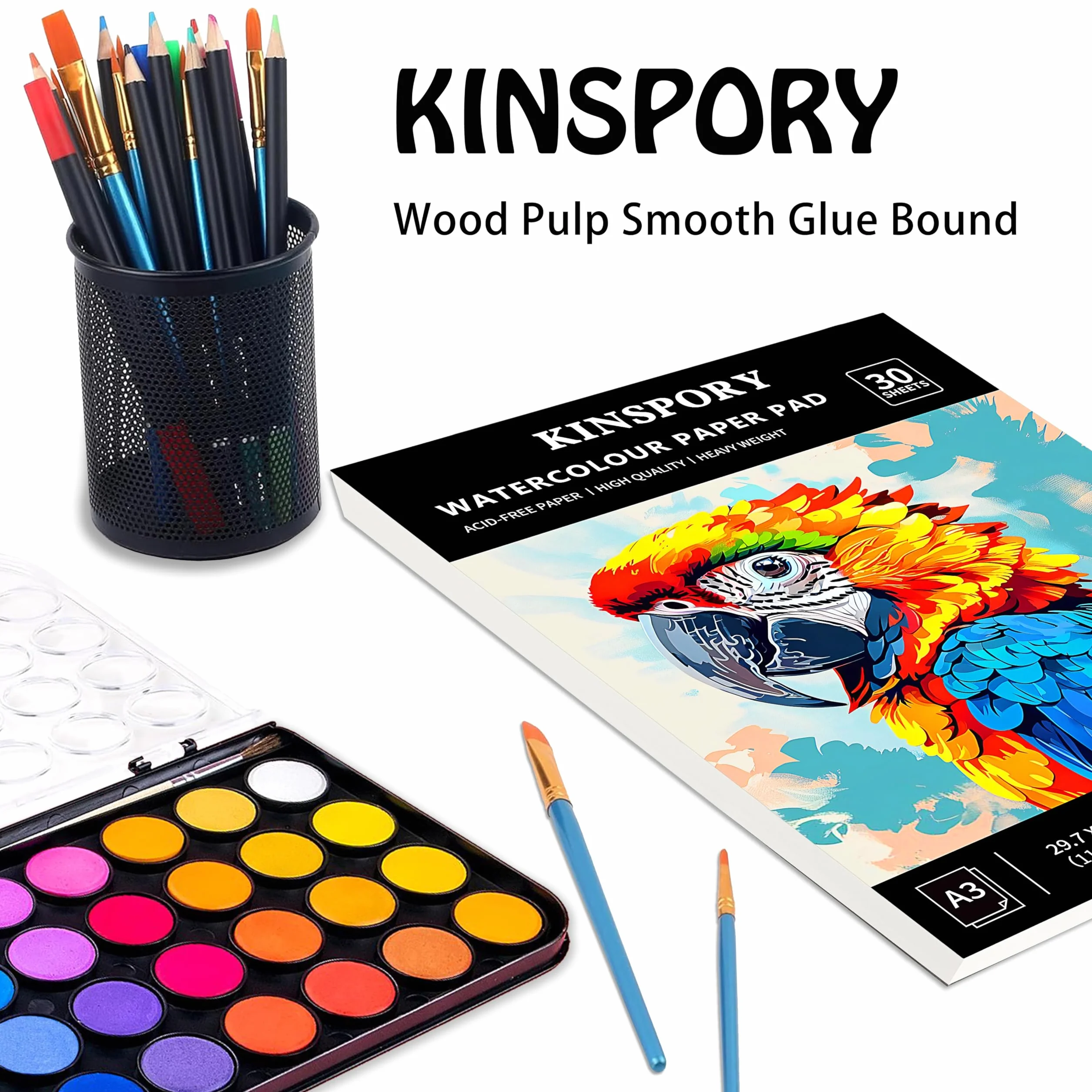 KINSPORY Papier akwarelowy A3, 30 kartek - 42 x 29,7 cm, 300 GSM, klejone, fakturowane na zimno, papieru akwarelowego do akwareli, szkicownik do malowania, szkicowania i mixed media