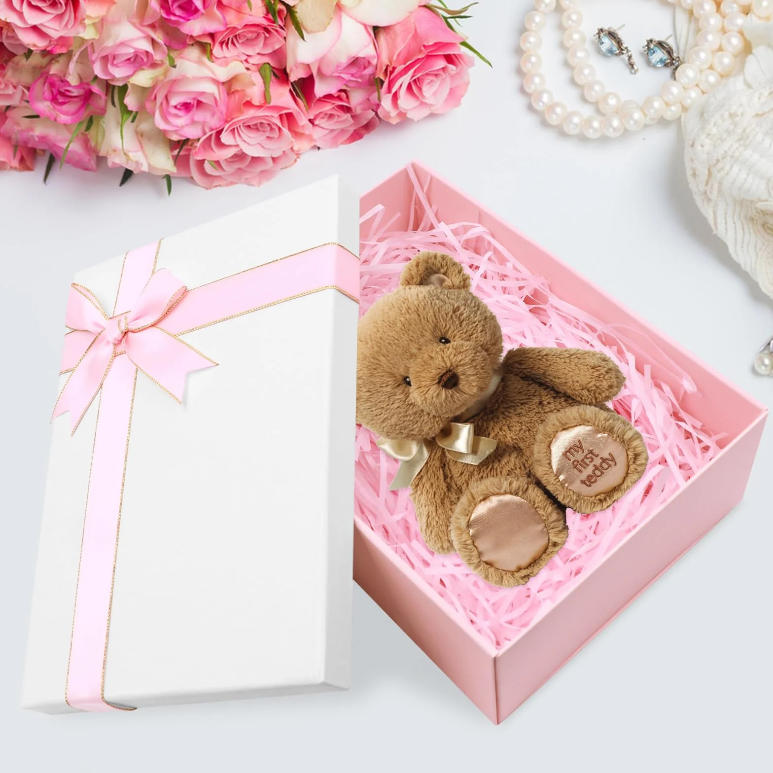 Realjoy Pudełko prezentowe z kokardą, 25 x 18 x 8,5 cm, różowe, składane puste pudełko upominkowe z pokrywką, kartki okolicznościowe i Rafia na wesela, urodziny, Walentynki i Boże Narodzenie (biała