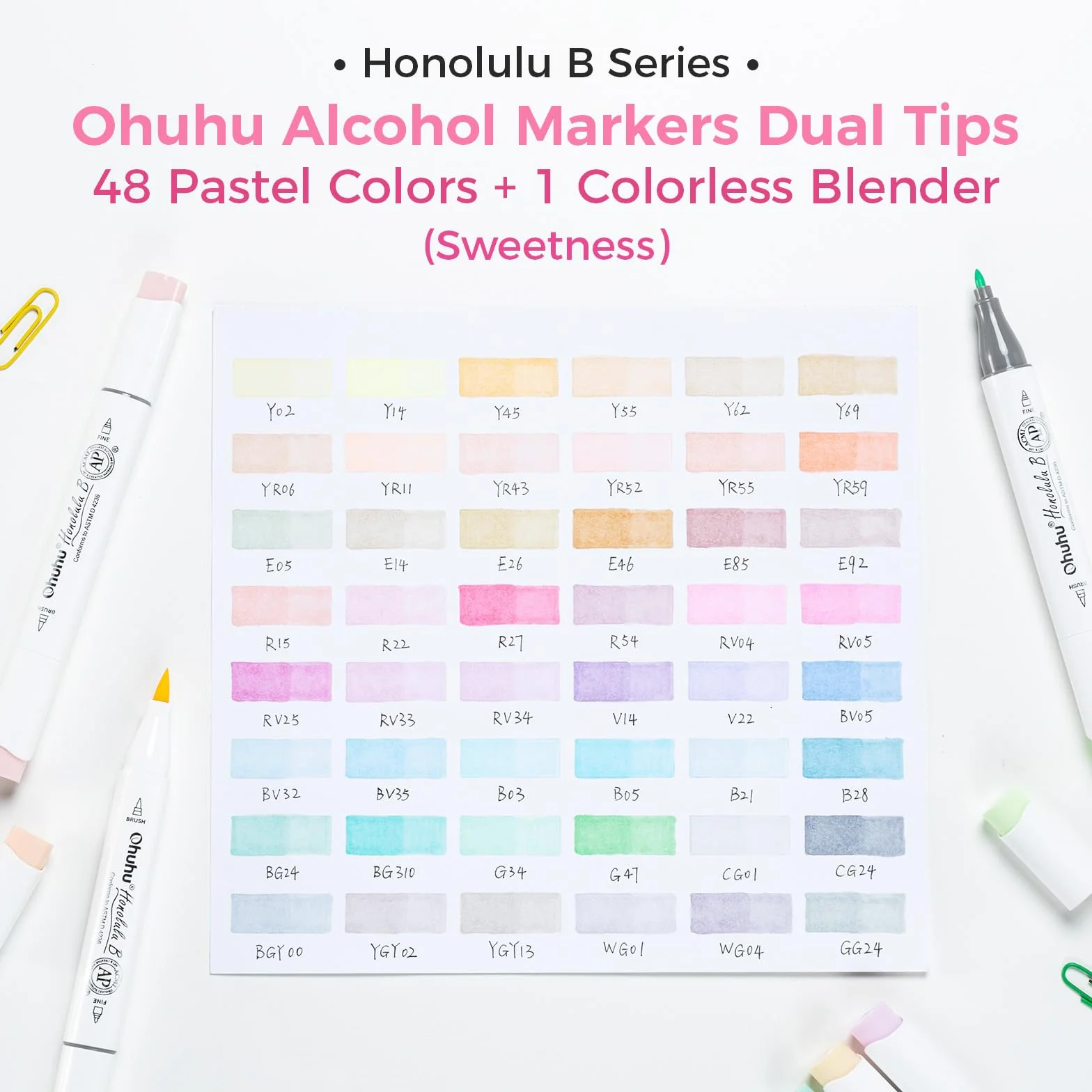 Ohuhu Markery Pastelowe Alkoholowe 48+1 Kolorów, Podwójna Końcówka Pędzel & Fine Dla Artystów do szkicowania kaligrafii rysowania i ilustrowania + Etui Seria Honolulu B