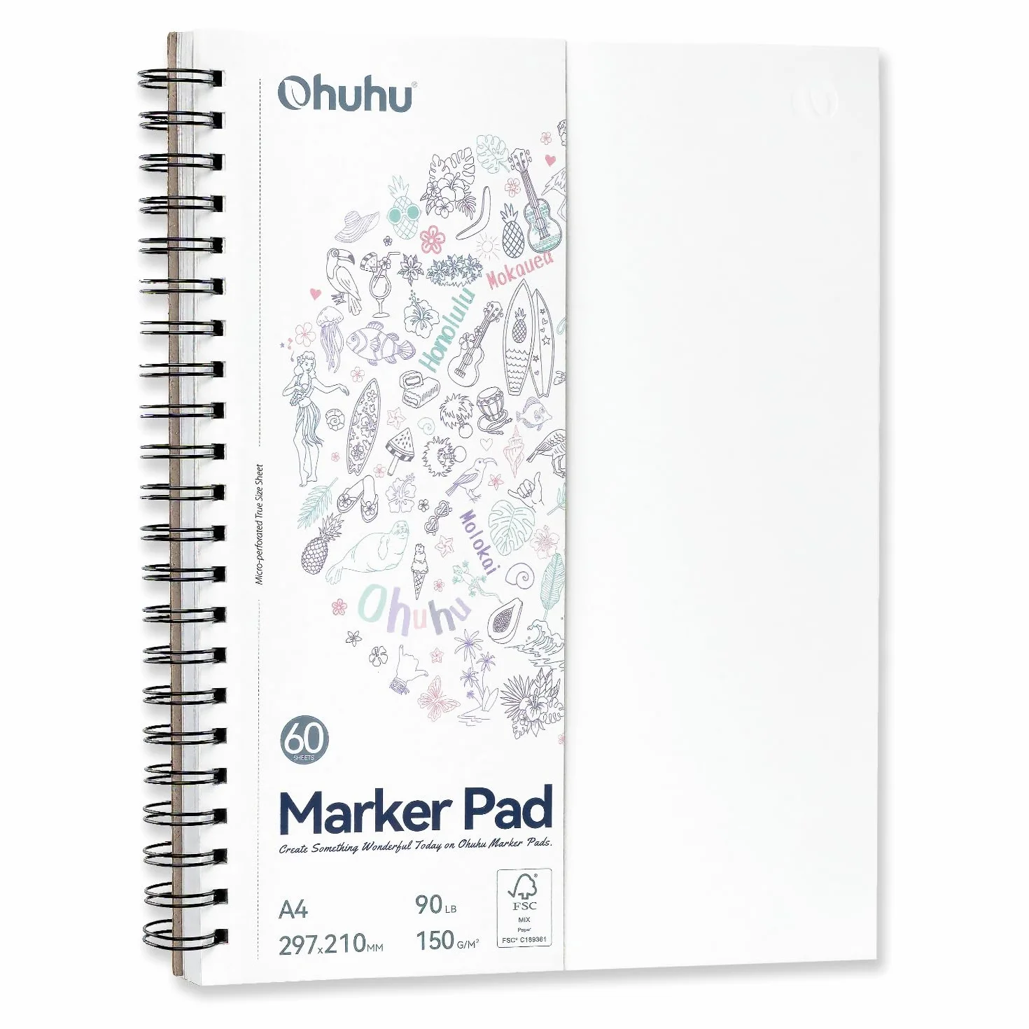 Ohuhu Sketchbook A4, 150GSM Blok do Markerów bez Przeciekania dla Artystów, 60 Kartek/120 Stron Spirala, Papier do Rysowania Dwustronny, Nie Przecieka dla Markerów Alkoholowych