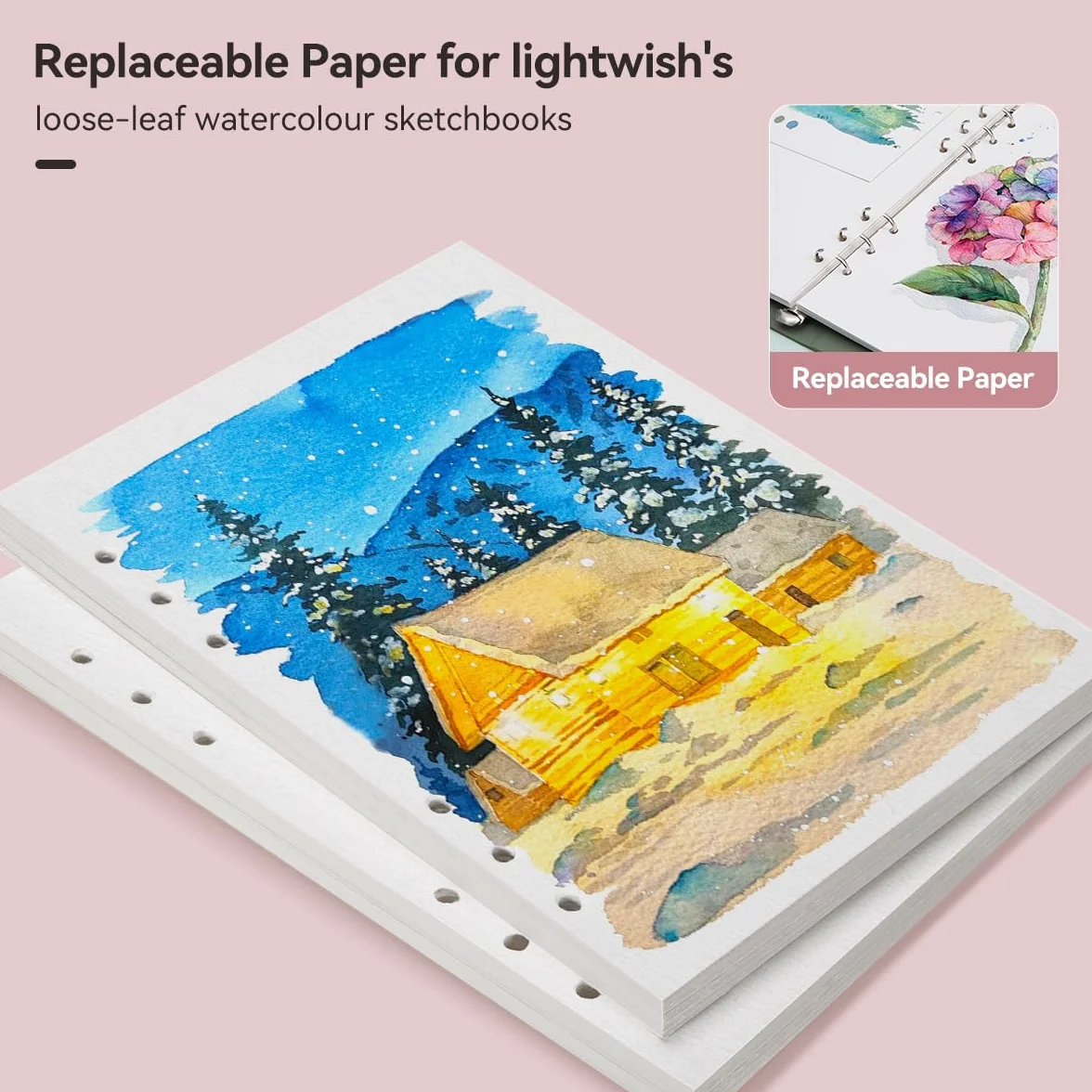 LIGHTWISH Zestaw 2 arkuszy papieru akwarelowego, 100% bawełna, tłoczony na zimno, 300 g/m², 40 arkuszy papieru A5, wymienne, perforowane, dla artystów, dorosłych, studentów, 14 x 20 cm