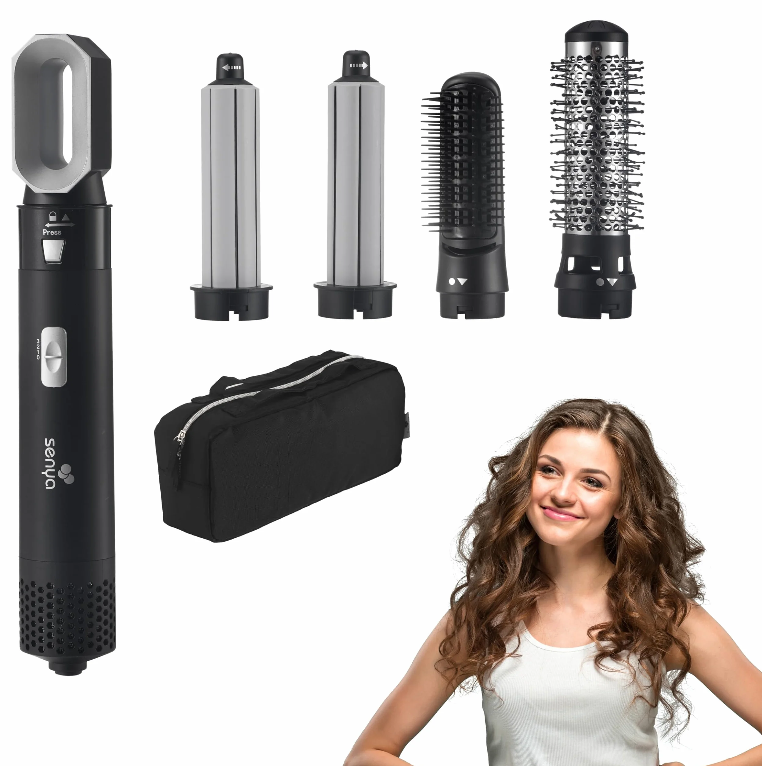 SENYA Szczotka dmuchana 5 w 1 Air Styler & Suszarka do włosów: prostowanie, suszenie, zwijanie, suszenie i objętość, Multistyler 1000 W, Alternative Airwrap, Hair Designer SYWB-HS012N Czarny