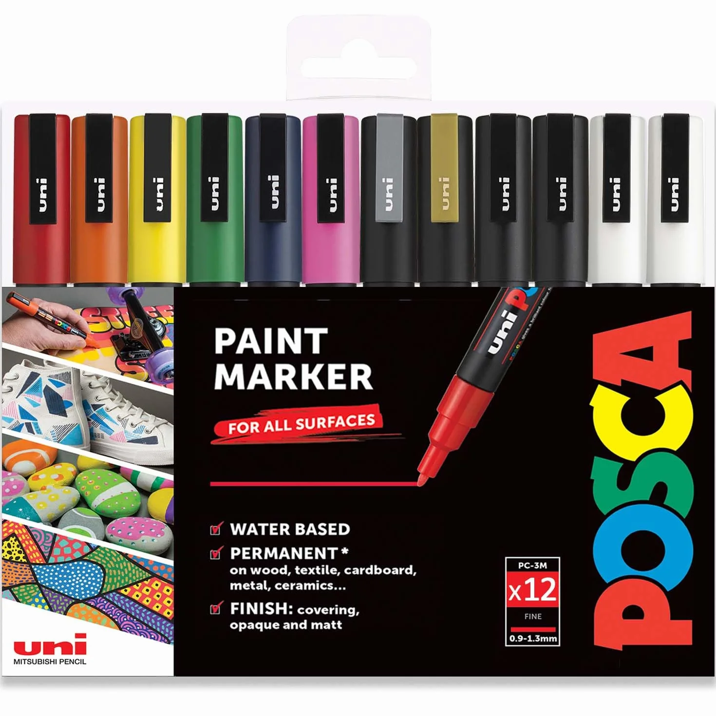 Posca PC-3M marker permanentny na bazie wody, profesjonalny zestaw 12 długopisów, bardzo czarny + biały