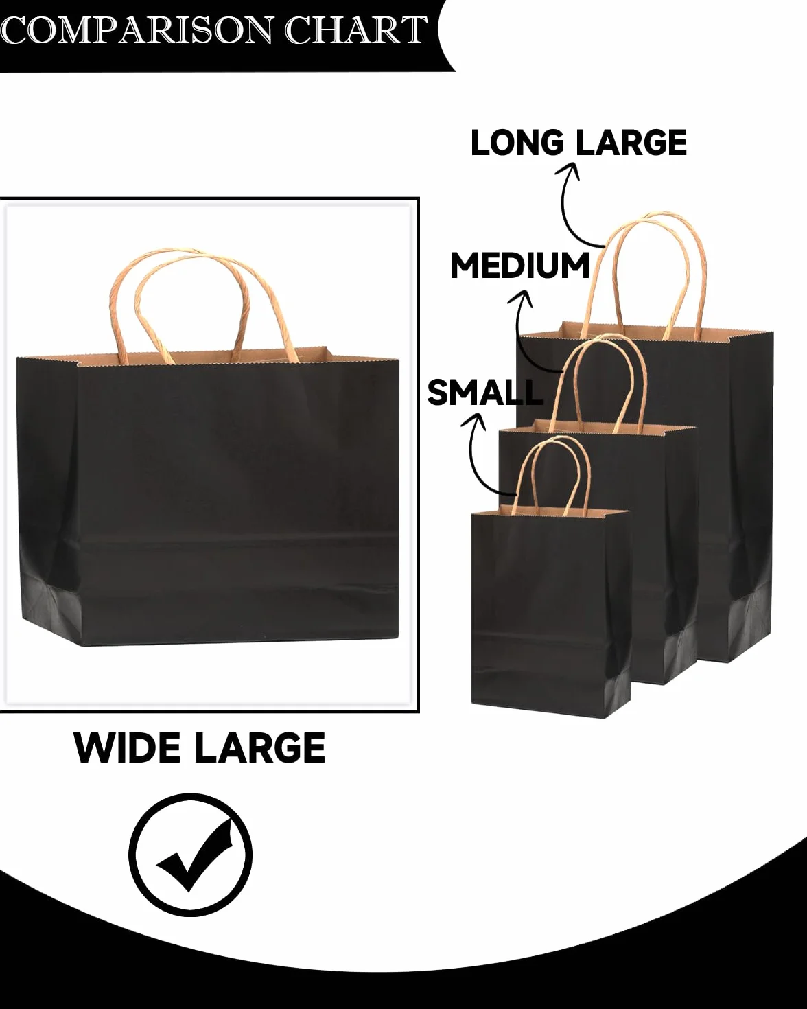 Gcardist 100 sztuk czarnych torebek prezentowych z papieru z uchwytami – 12,6" x 4,3" x 10" – torby szerokie torebki prezentowe na imprezy do różnorodnych zastosowań