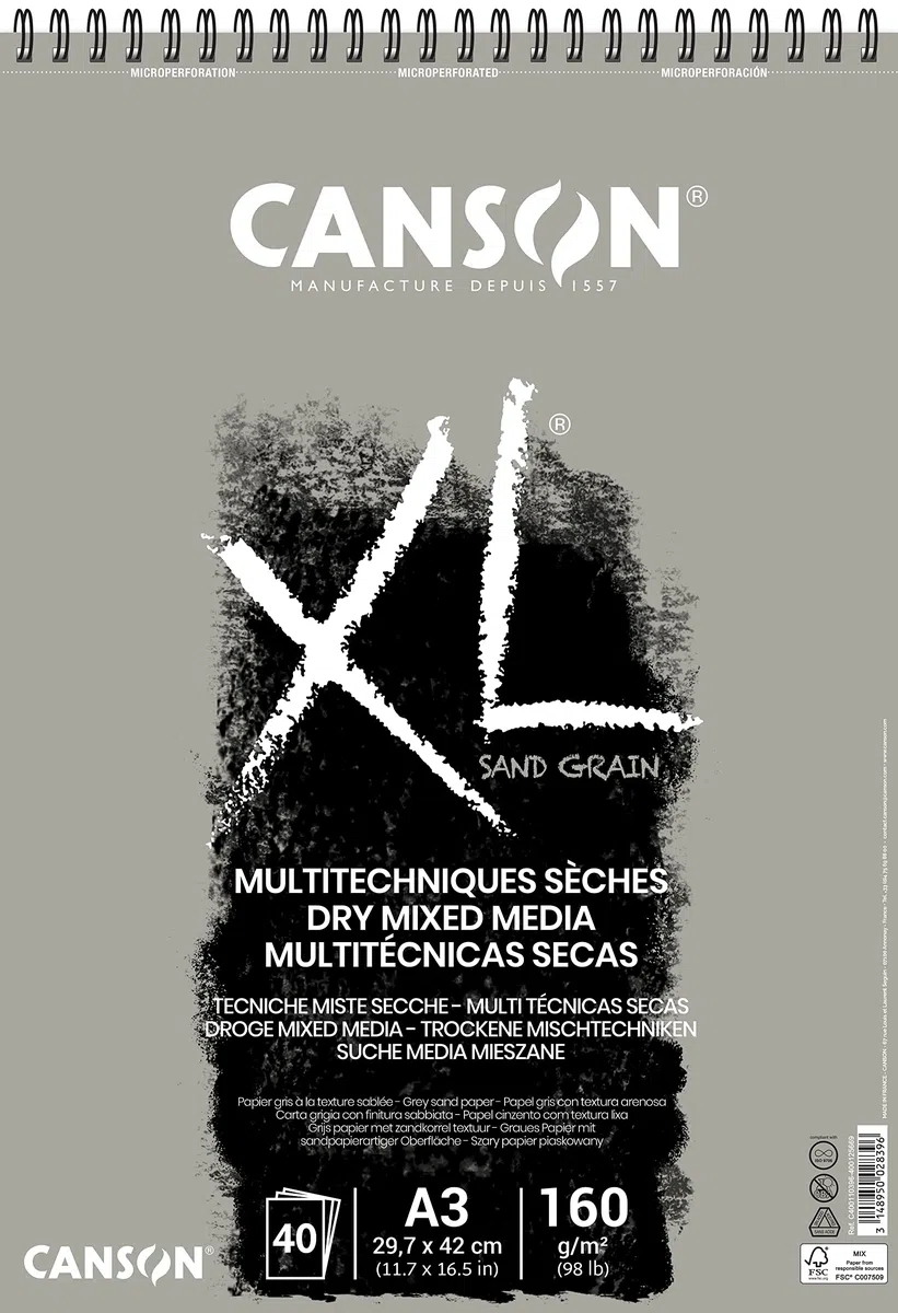Canson XL Sand Grain blok do rysunku na spirali, A3, 40 arkuszy, 160 g/m², piaskowana powierzchnia, szary