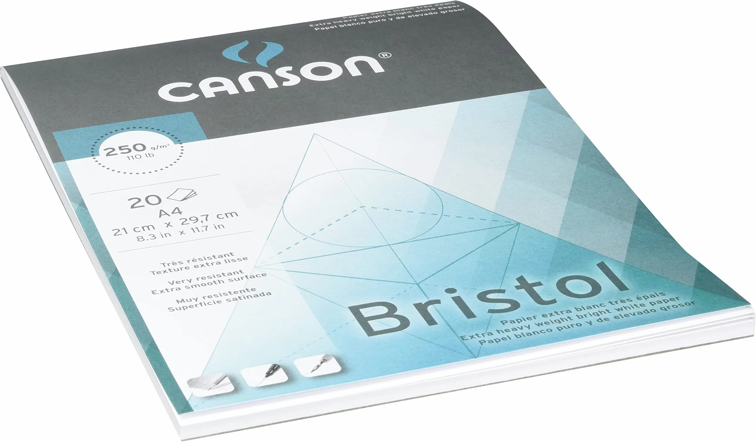 Canson Bristol papier 250 g/m², wysoka biel i ultra gładka, podkładka A4 z 20 arkuszami