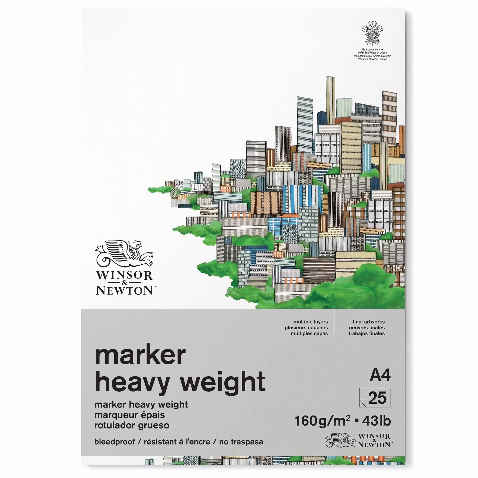 Winsor & Newton 6002012 Papier do markerów w bloku, 25 arkuszy DIN A4, 160 g/m², FSC, nie zawiera chloru i kwasów, odporny na starzenie się do wszystkich rodzajów markerów na bazie alkoholu
