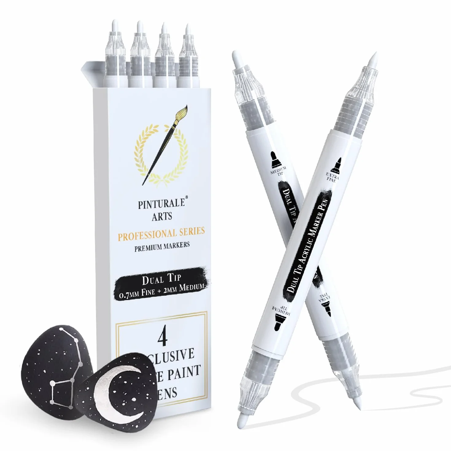 Pinturale Arts Marker akrylowy biały | zestaw 4 białych akrylowych markerów | biały marker z podwójną końcówką (0,7 mm i 3 mm) | do malowania kamieni, metalu, ceramiki, drewna, rękodzieła